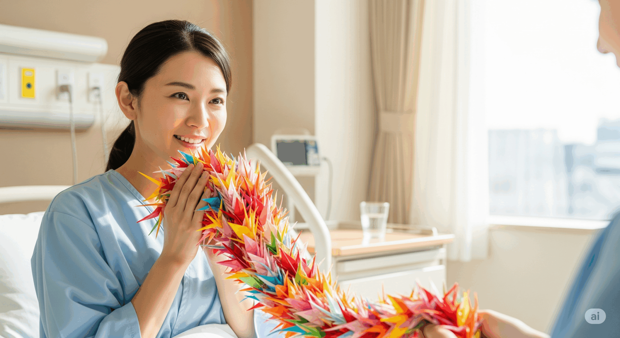 30代の日本人女性が病院のベッドサイドで、明るい色の千羽鶴を受け取って笑顔を見せている場面