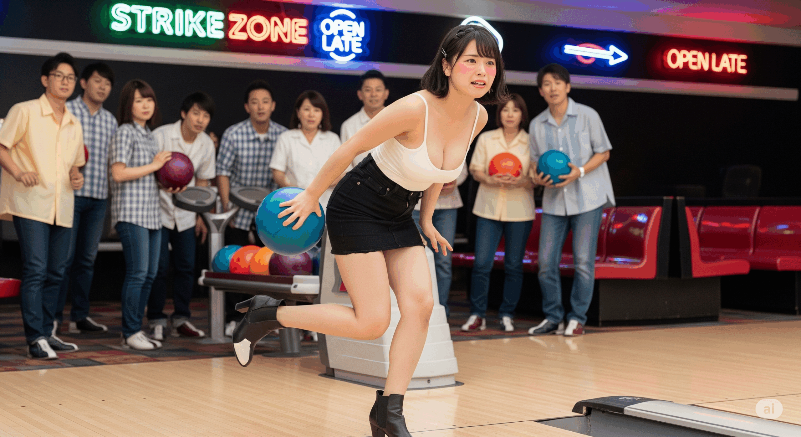 ボウリング場で恥をかいてしまった様子を表現する画像