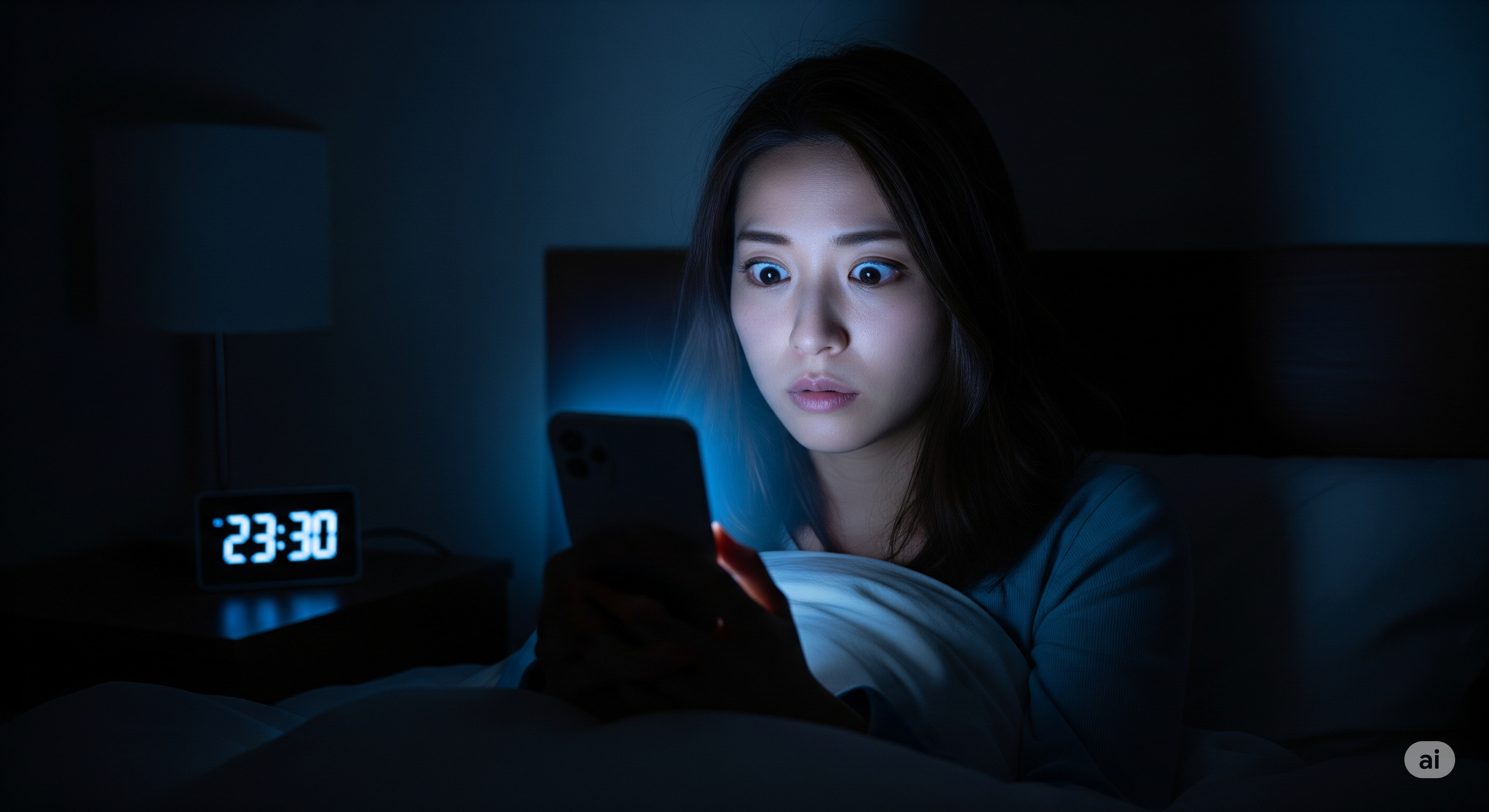 深夜の暗い部屋で、ベッドサイドのスマートフォンが光っている様子