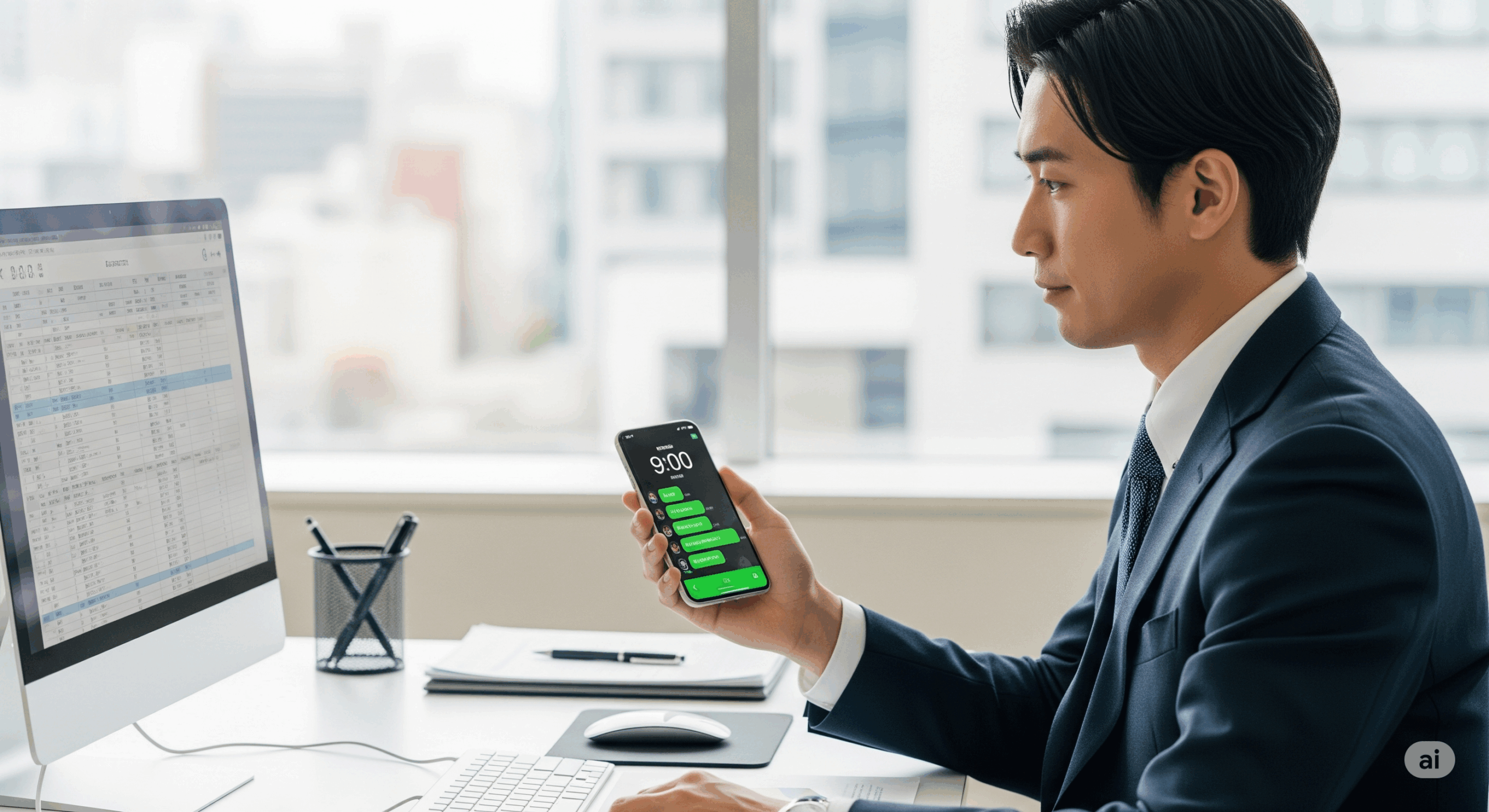 明るいオフィス環境で、デスクに座った30代の日本人ビジネスマンがスマートフォンを見ながら考え込んでいる様子