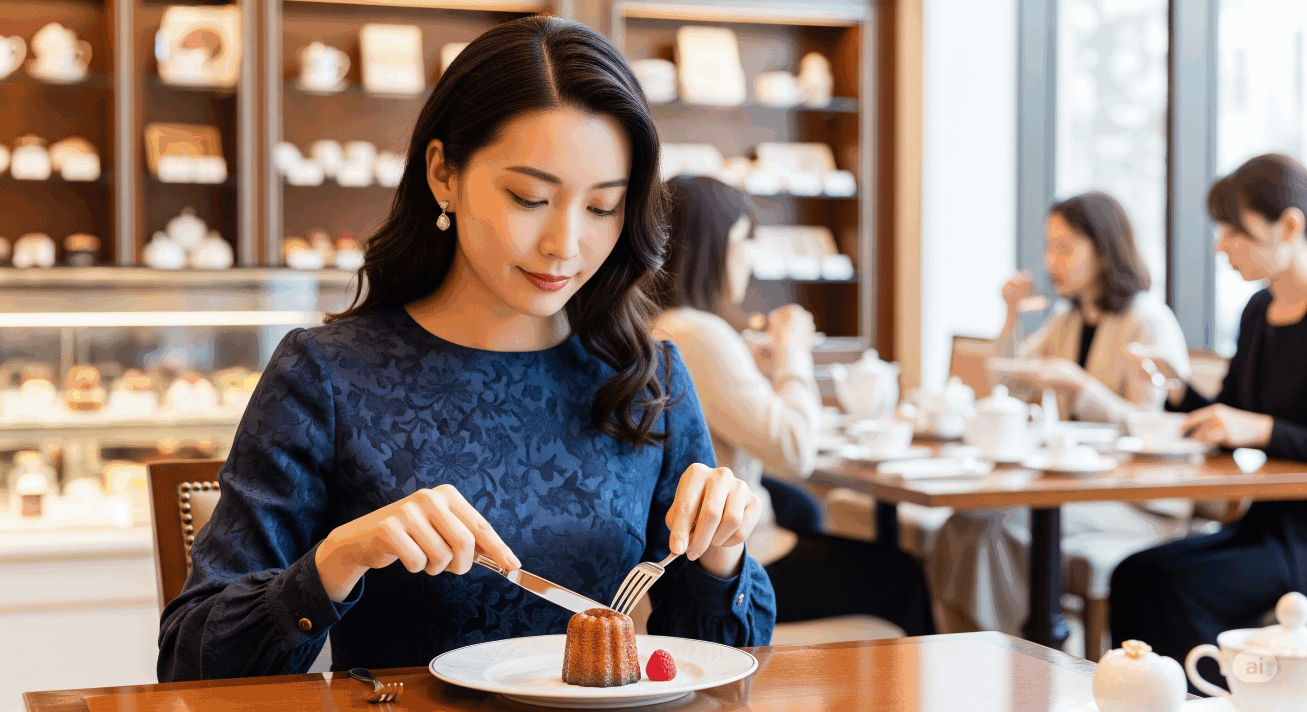 高級パティスリーの店内で、30代の日本人女性がフォークとナイフを使ってカヌレを上品に食べている様子