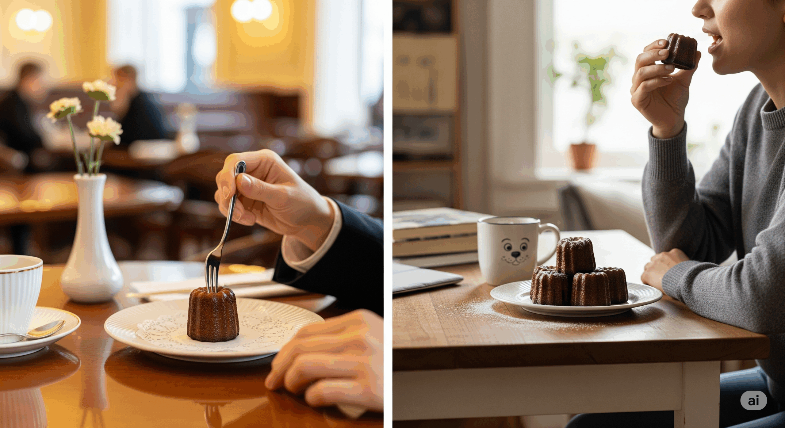 様々なシーンでのカヌレの食べ方を表現した構図