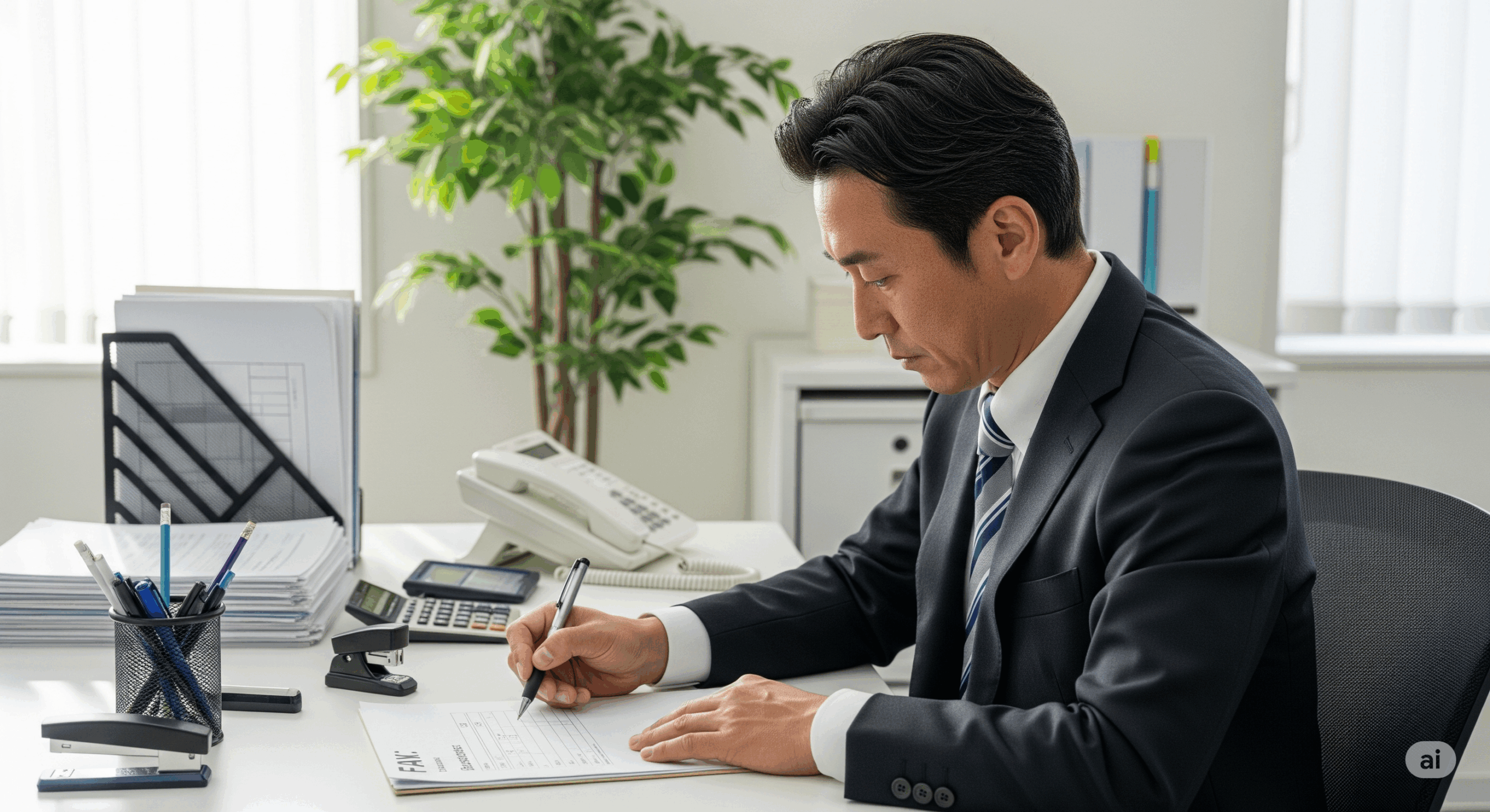 明るいオフィスでスーツ姿の日本人ビジネスマンが机の上でFAX書類を確認し、ペンで記入している様子