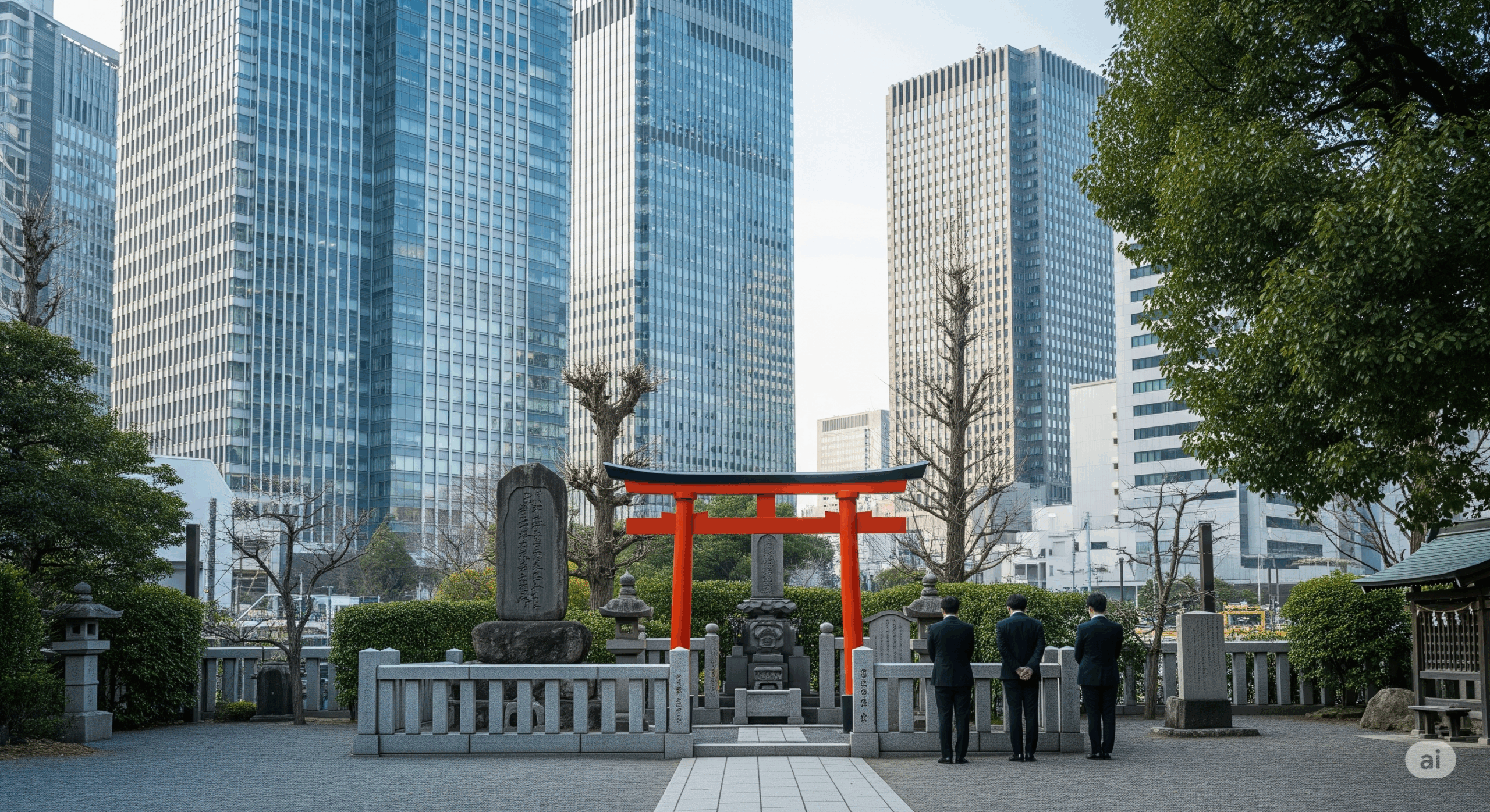 東京都心の高層ビル群の中にひっそりと佇む将門塚の様子を描いた風景