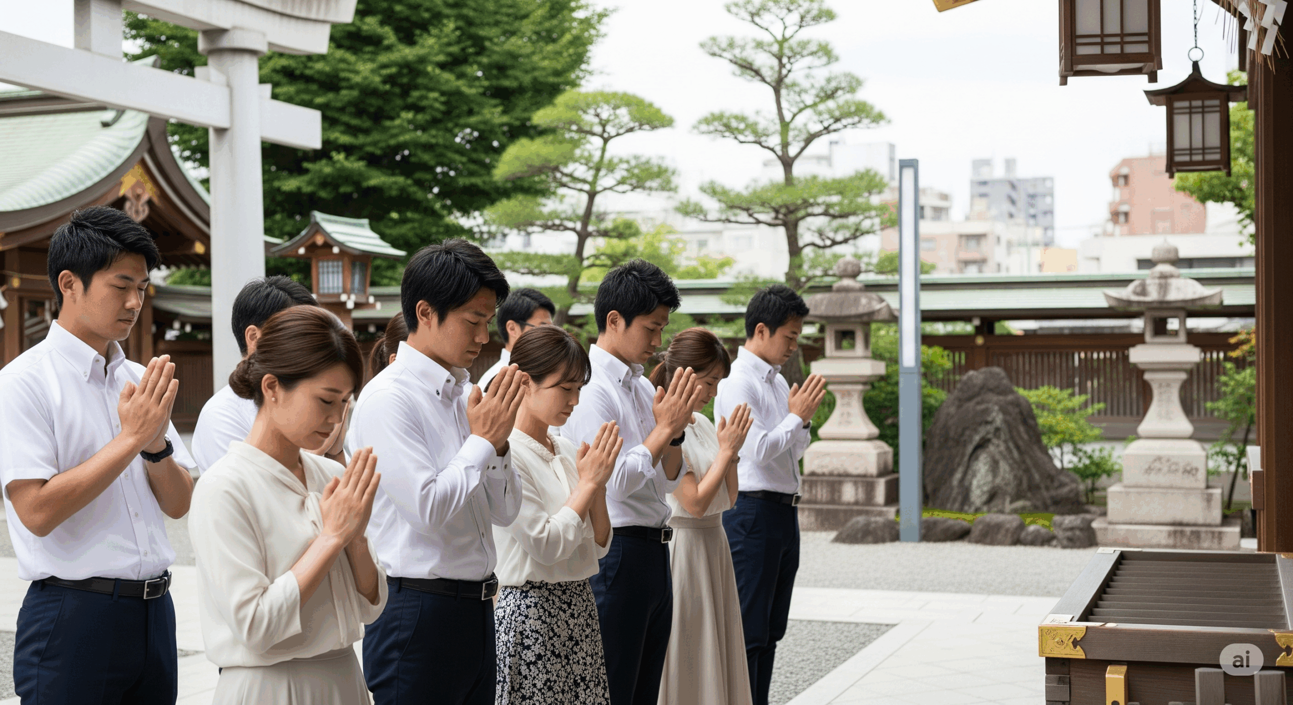 20代から30代の日本人男女が神聖な場所で静かに手を合わせて祈っている姿