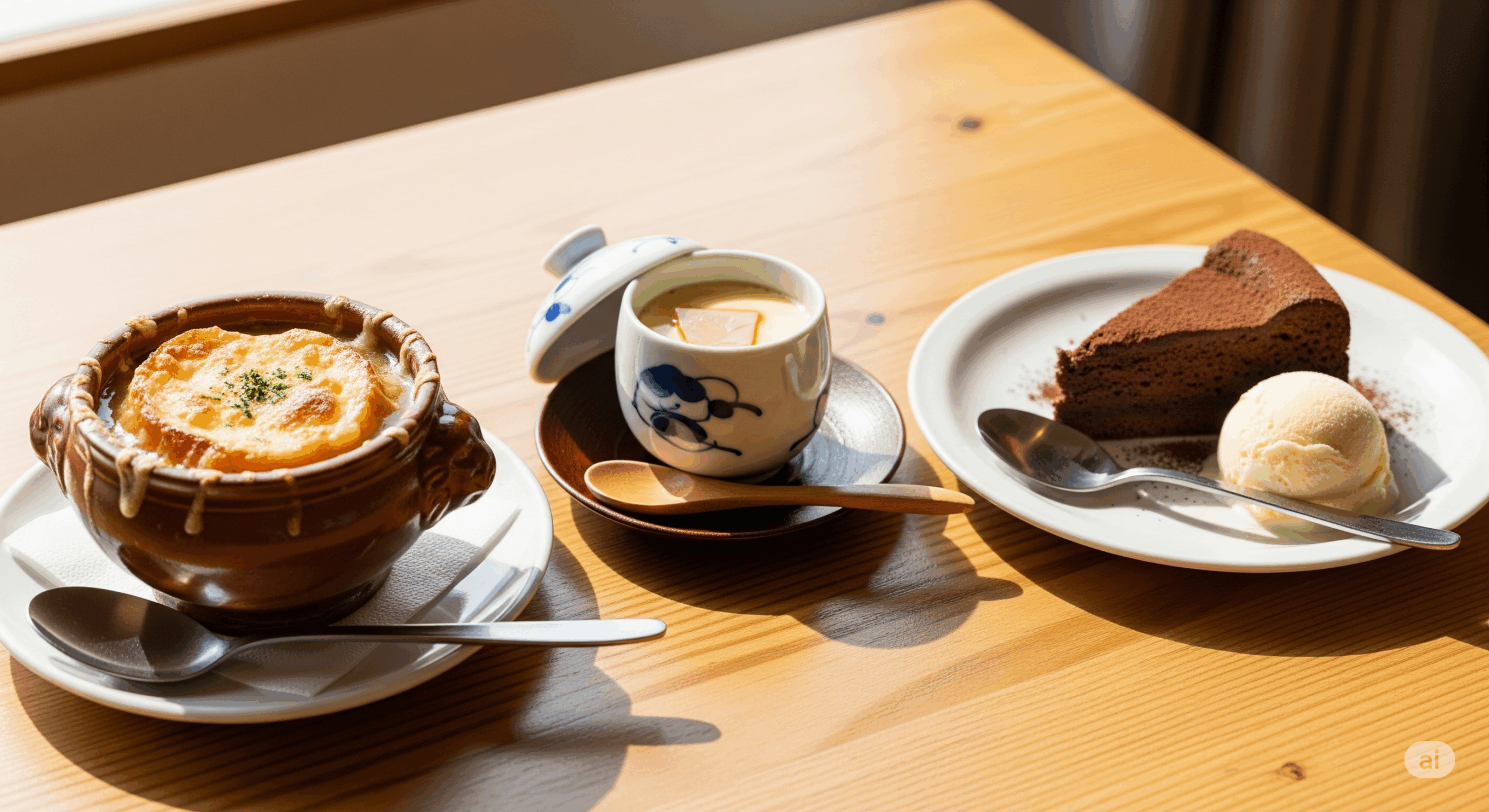 様々な国の料理とスプーンが並んだテーブル