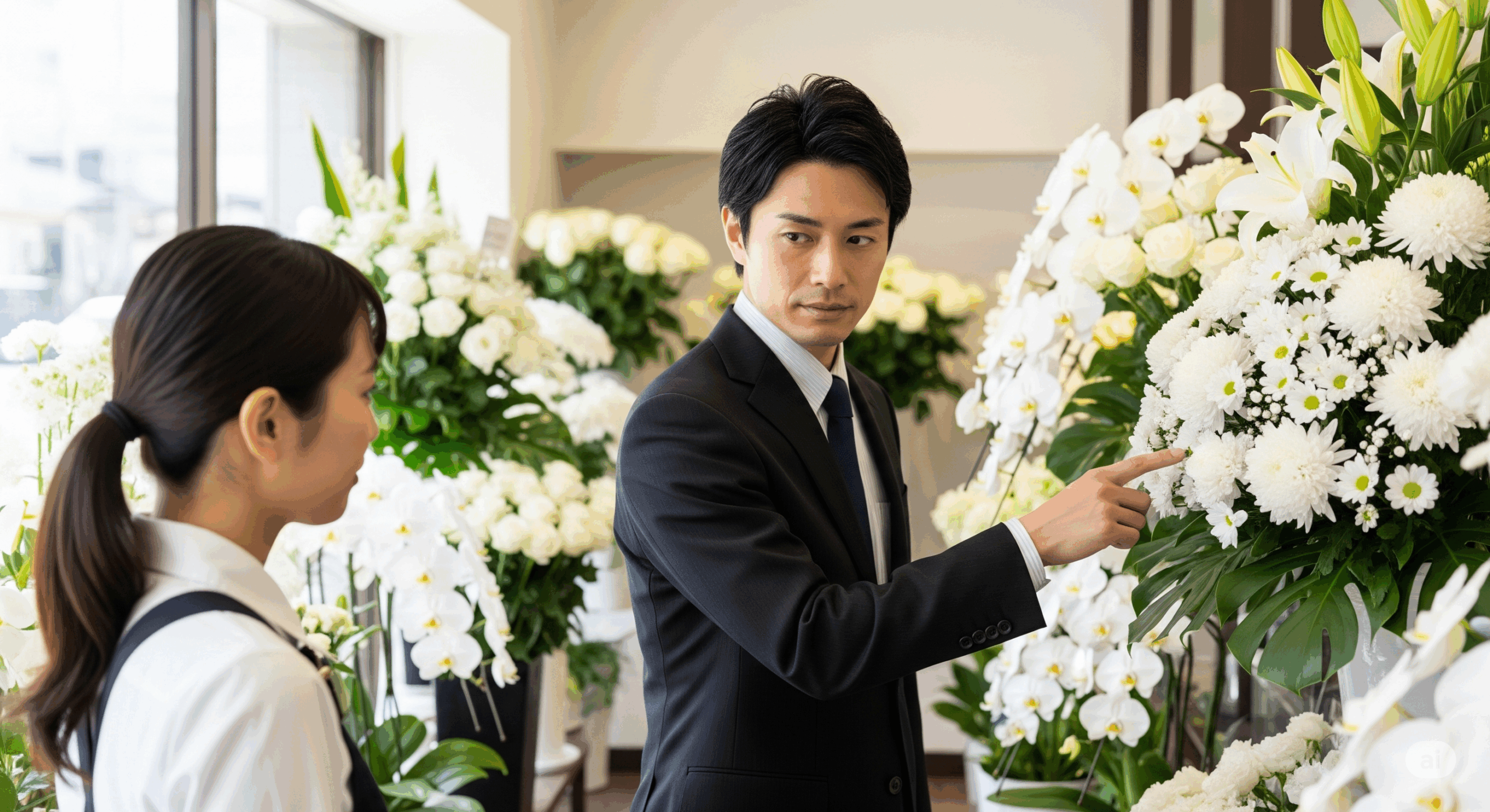 30代の日本人男性が花屋で店員と相談しながらお悔やみ用の白い菊とユリのアレンジメントを選んでいる様子