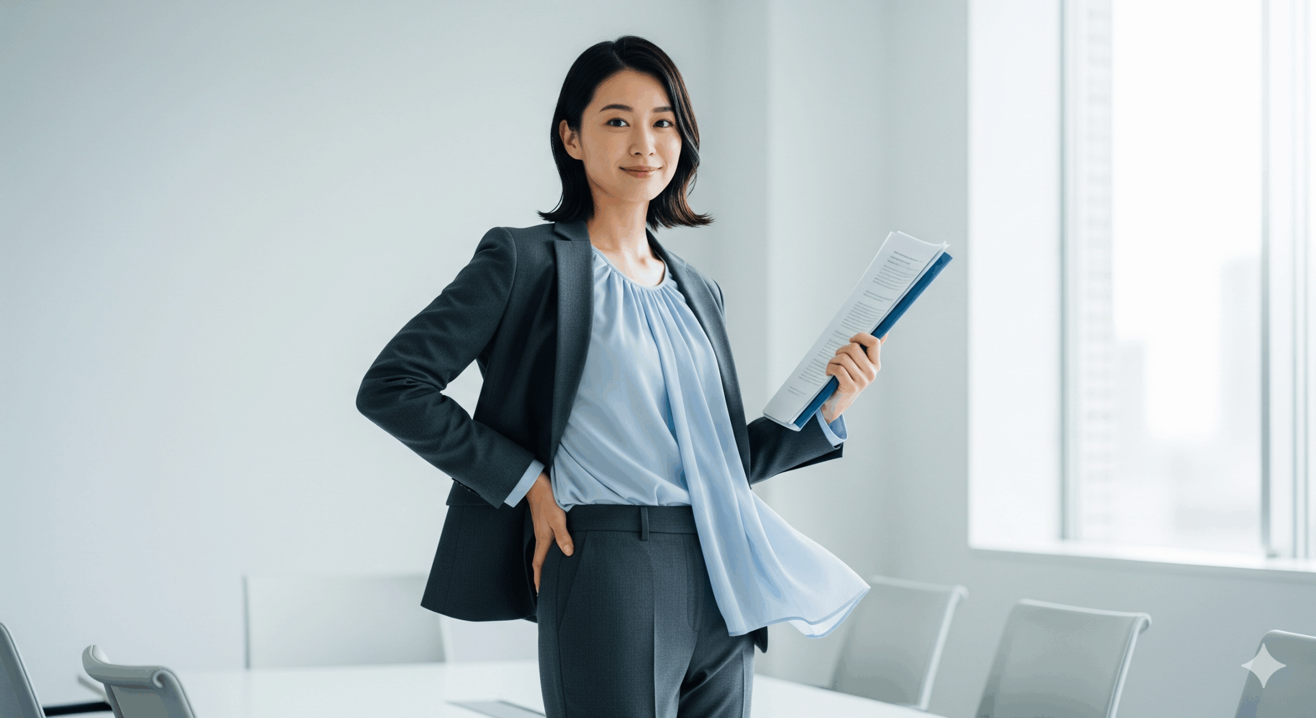 パンツスーツにブラウスをインしないスタイルで着こなした20代の日本人女性が、自信を持って資料を手に持ち立っている様子
