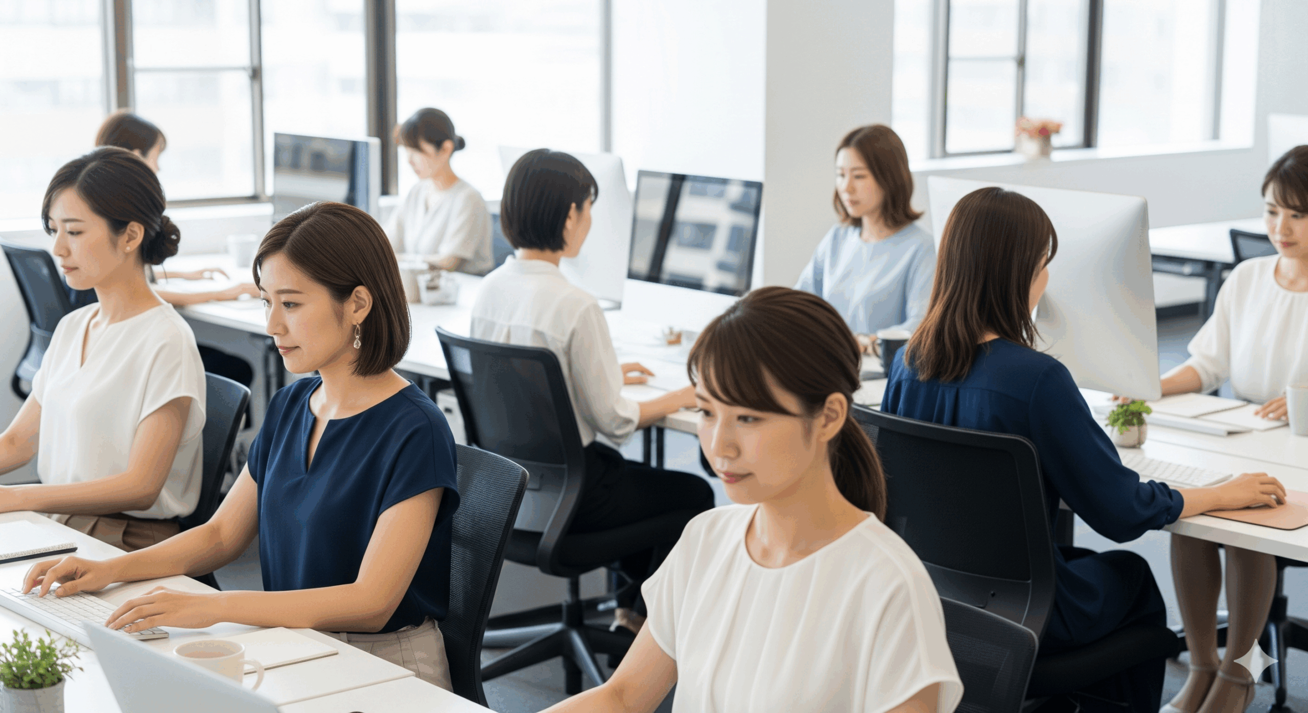 様々なブラウスの着こなしをした複数の20代から30代の日本人女性たちが、デスクワークをしている様子