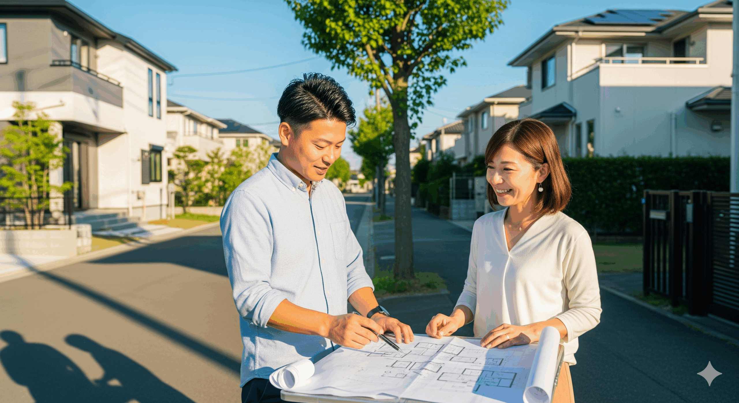 住宅地で隣人同士が境界線について話し合っている様子