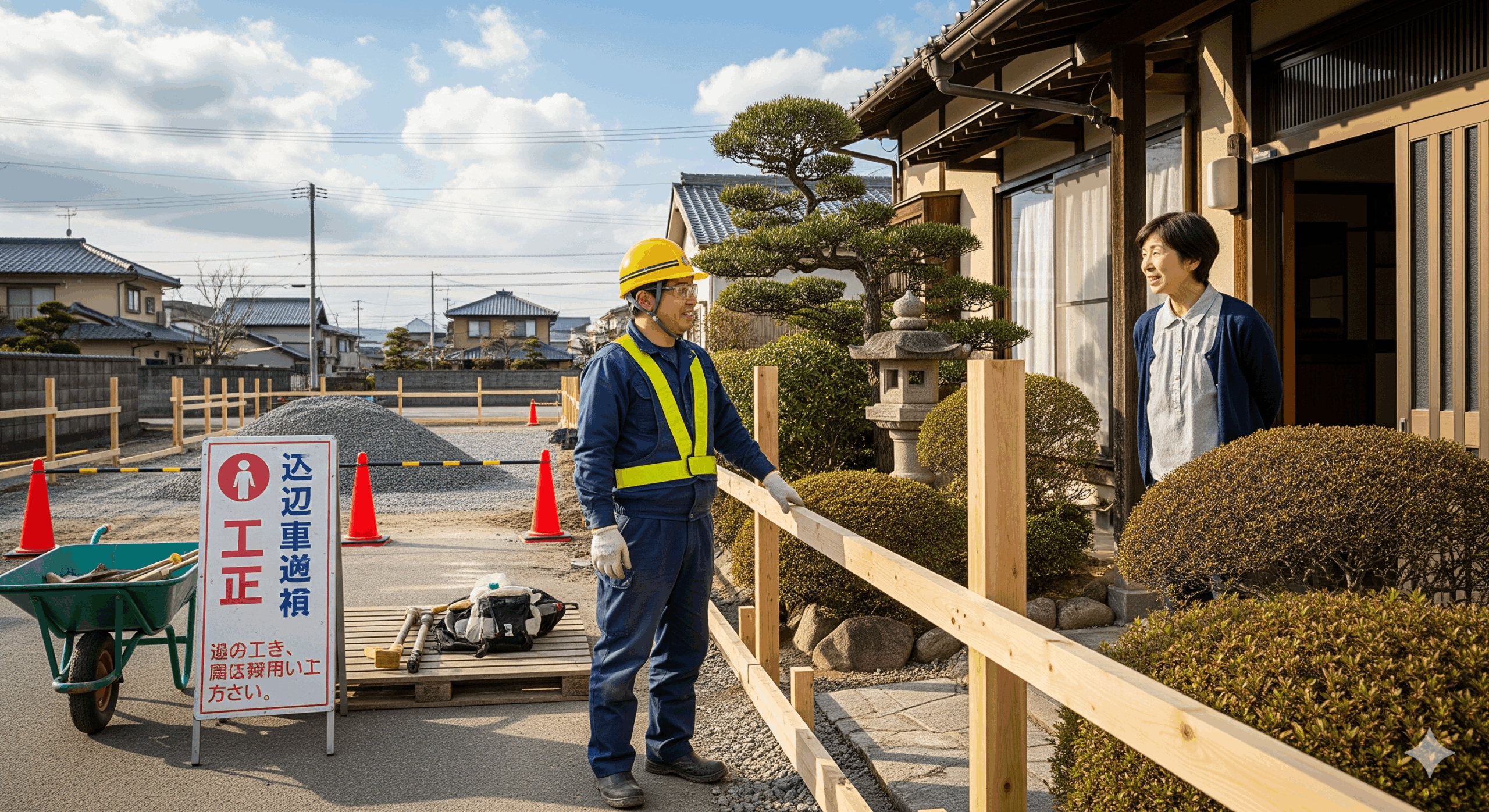 境界フェンス設置工事の現場で、作業員が隣家への挨拶をしている場面