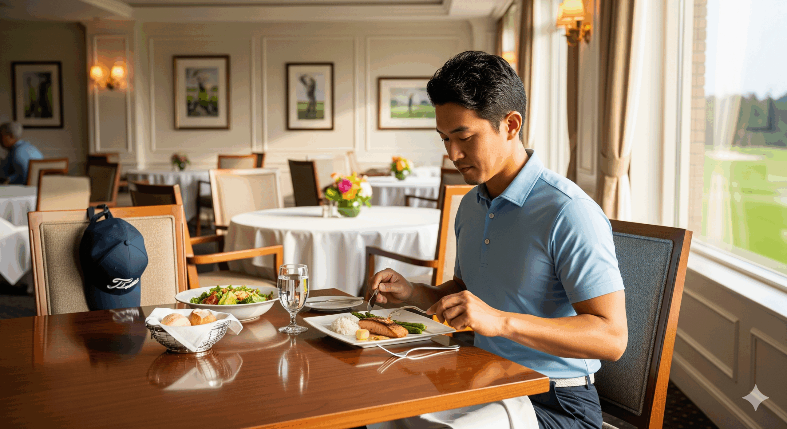 30代の日本人男性ゴルファーが帽子を脱いでテーブルに座り、上品な雰囲気の中で食事をしている様子