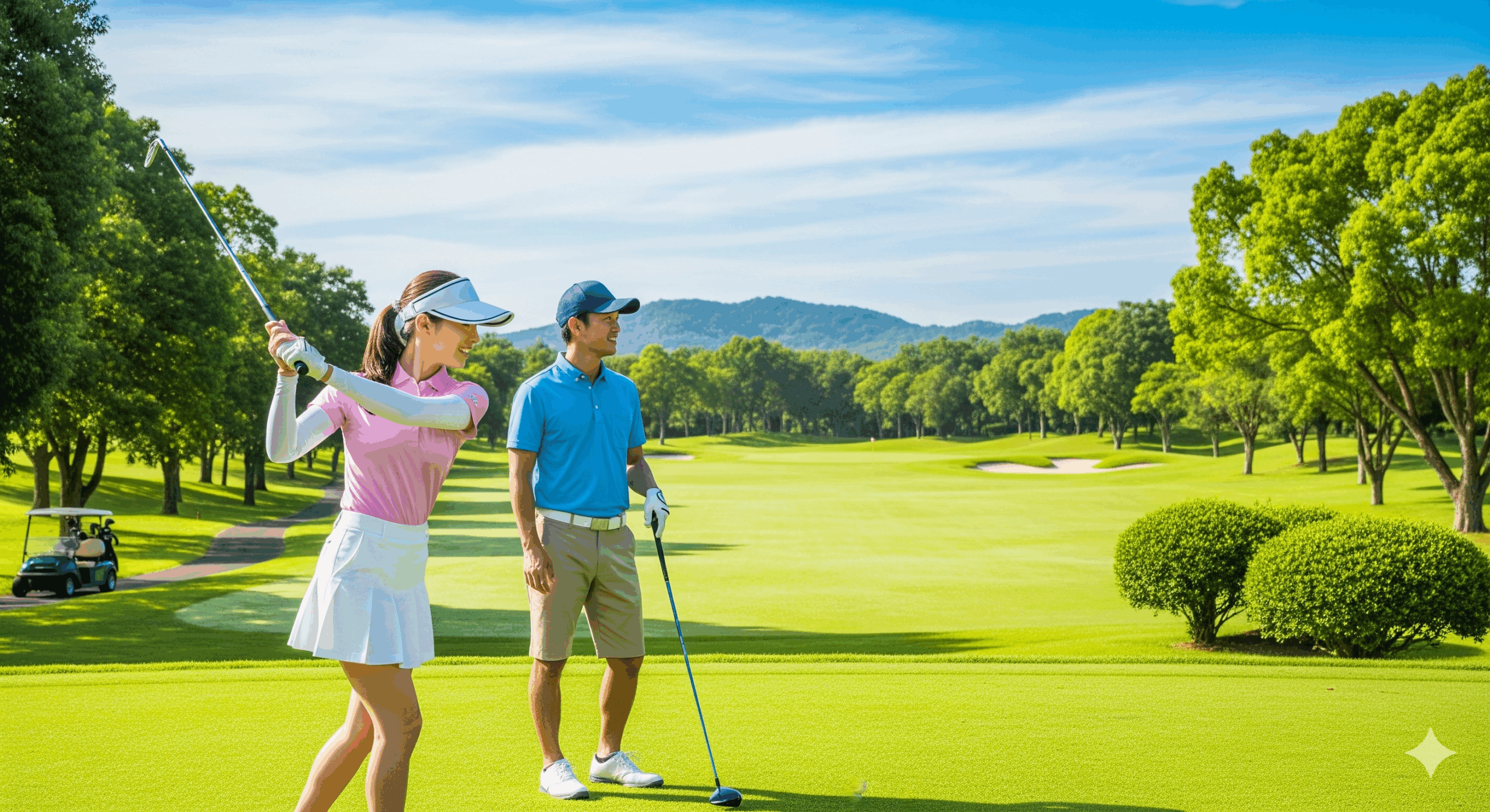 日本人女性と30代の日本人男性ゴルファーが適切な帽子（キャップとサンバイザー）を正しく着用してプレーしている明るい場面