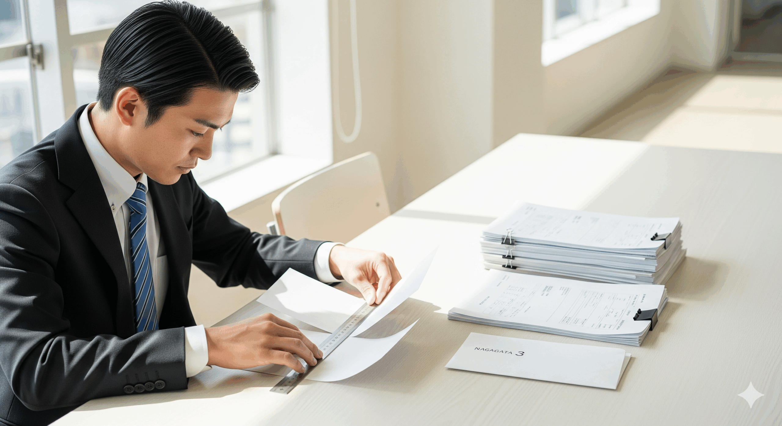 明るいオフィスの机の上で、20代の日本人ビジネスマンがA4用紙を定規を使って丁寧に三つ折りしている様子