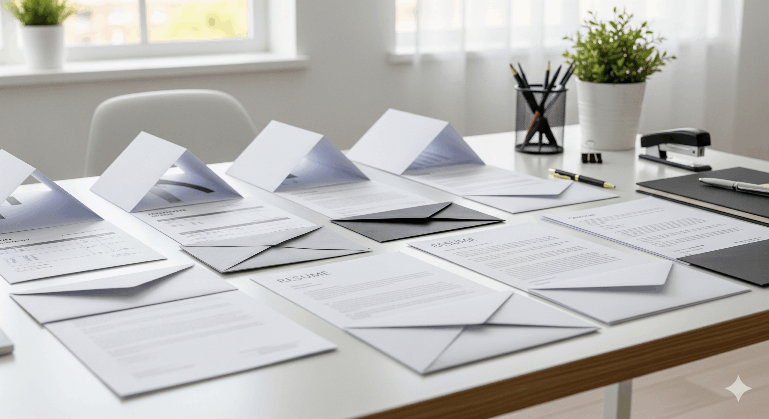 明るいオフィス環境で、机の上に様々な種類のビジネス書類（請求書、履歴書、送付状など）がきれいに分類されて配置されている様子