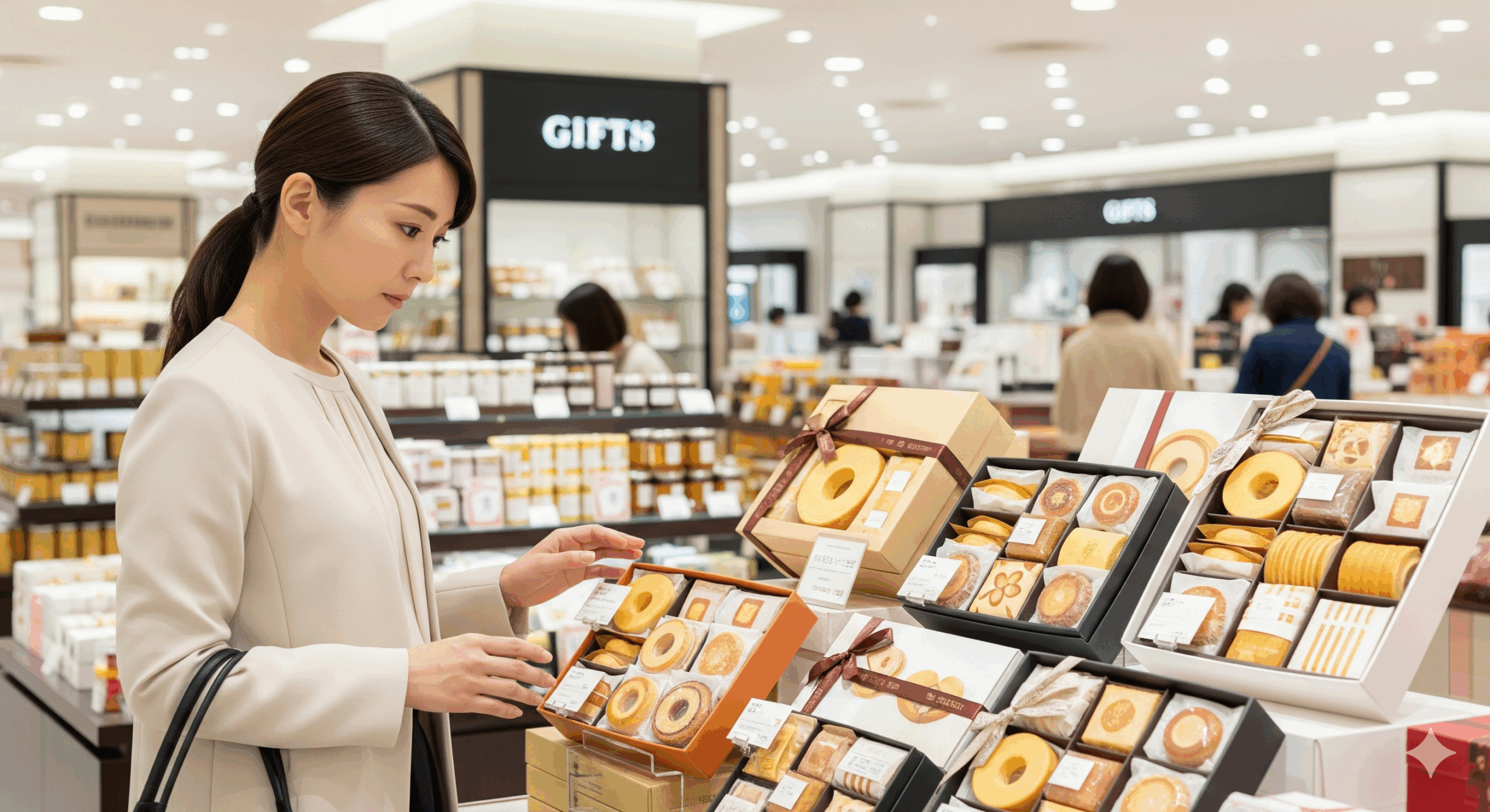 結婚祝いのお菓子選びで困っている30代の日本人女性が、百貨店のギフトコーナーで商品を見比べている様子