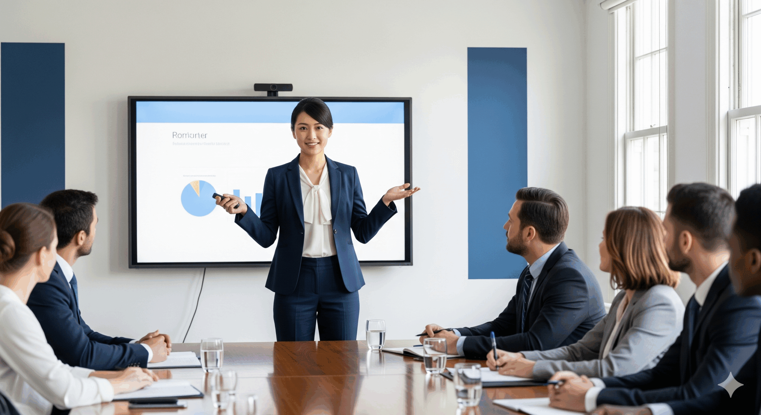 æãããªãã£ã¹ã®äŒè°å®€ã§ã30ä»£ã®æ¥æ¬äººå¥³æ§ãã¹ãŒãå§¿ã§ãã¬ãŒã³ããŒã·ã§ã³ãè¡ã£ãŠããæ§å