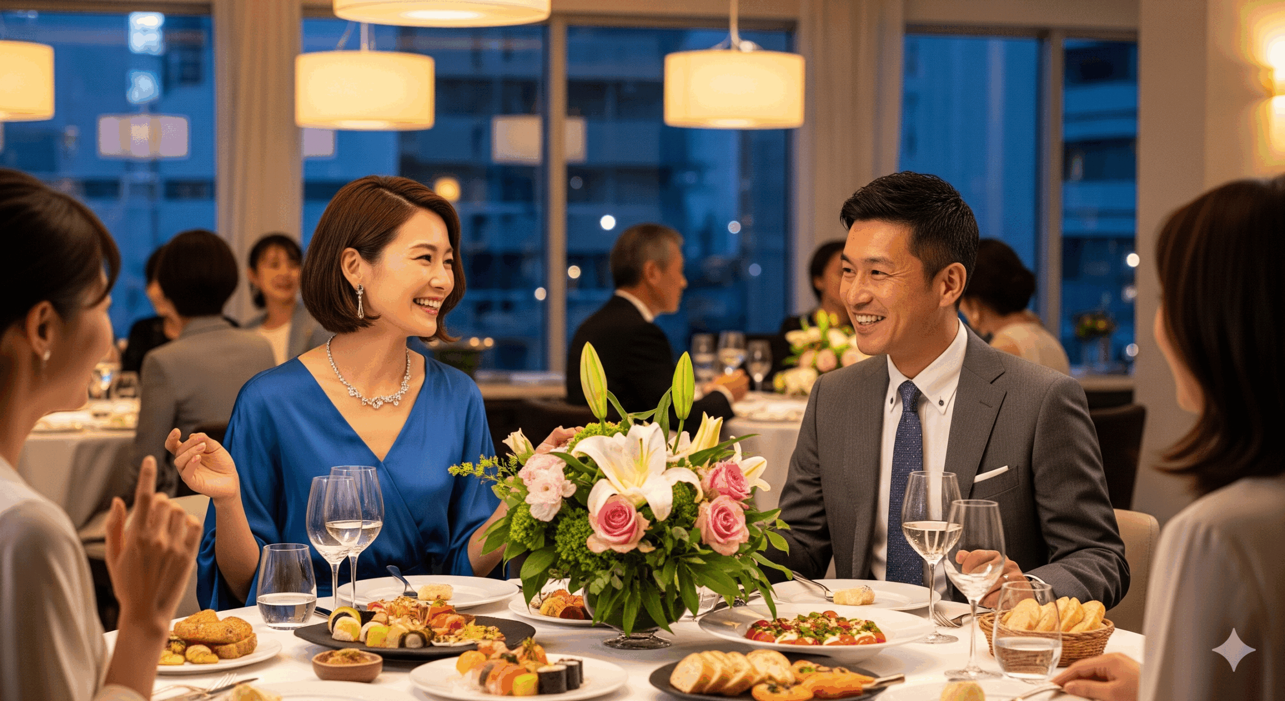 40ä»£ã®æ¥æ¬äººå€«å©ŠãããŒãã«ãå²ãã§ä»ã®ã²ã¹ããšæ¥œãããã«äŒè©±ããŠãã瀟亀çãªããŒãã£ãŒã·ãŒã³