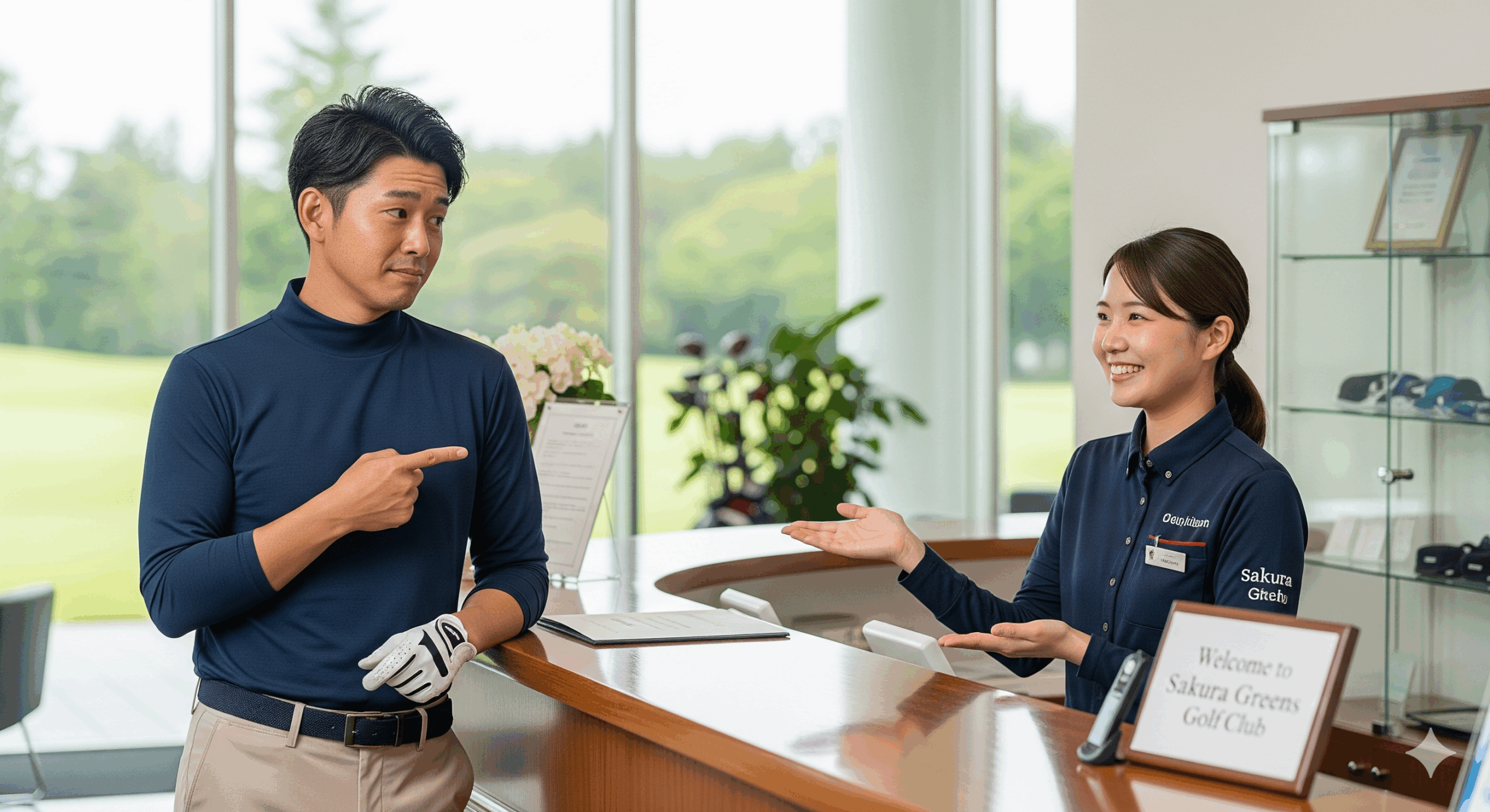 30代の日本人男性がモックネックシャツを着てドレスコードについて相談している場面