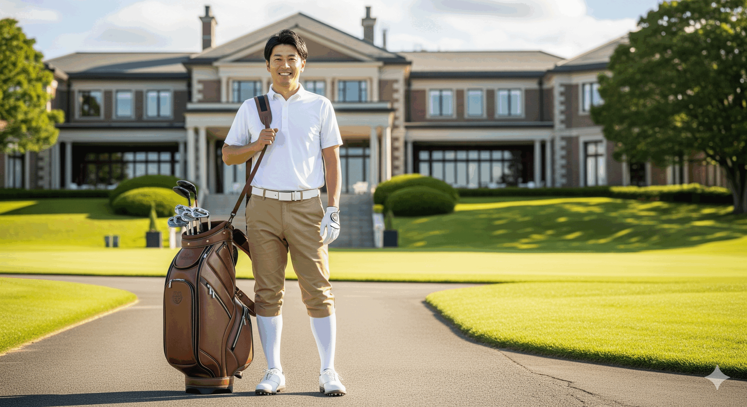 ゴルフ場のクラブハウス前で、30代の日本人男性がハーフパンツとハイソックスを着用してゴルフバッグを持って立っている様子