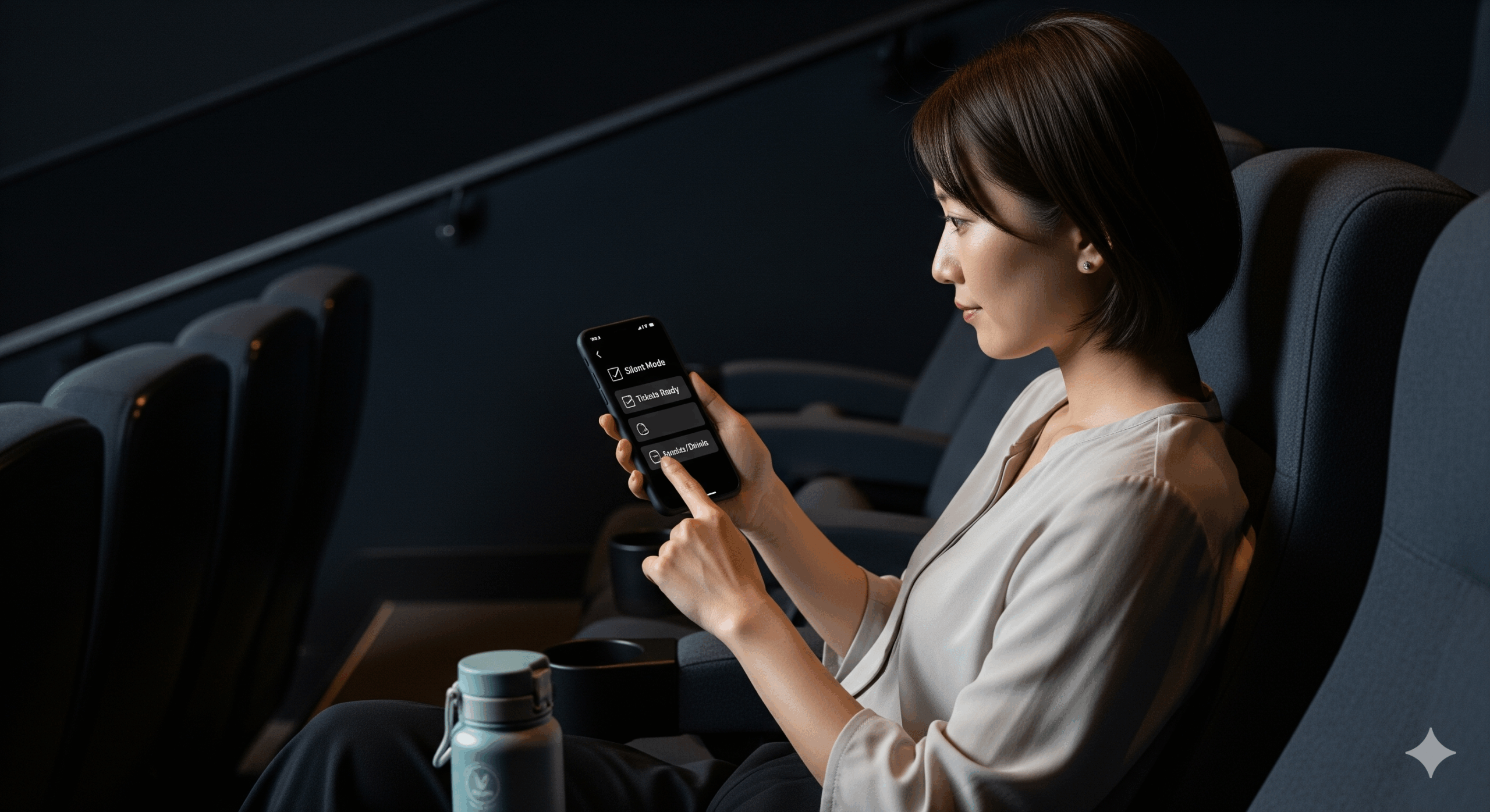 映画館のチェックリストを確認している30代の日本人女性の様子