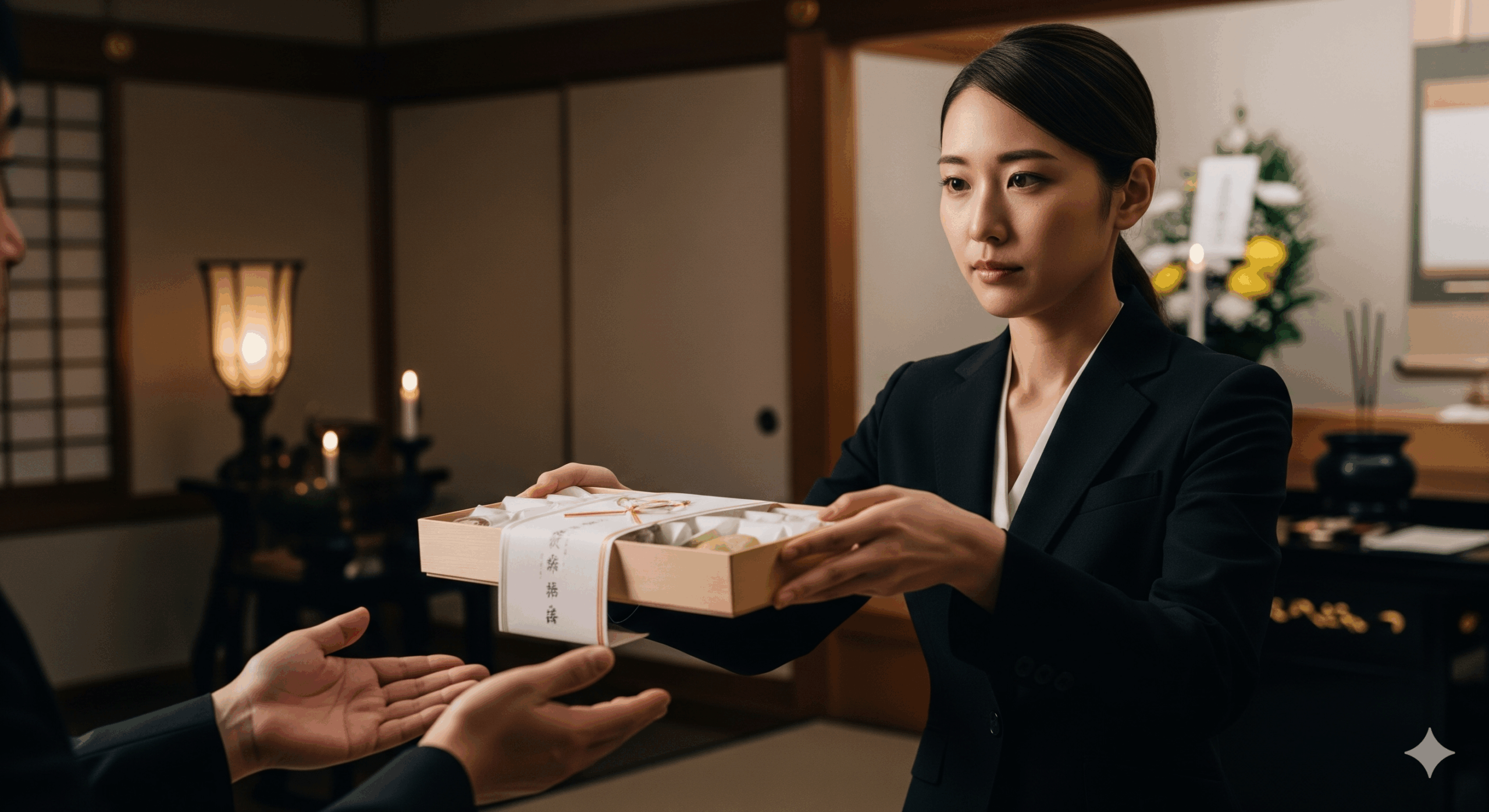 法事の会場で黒いスーツを着た30代の日本人女性が、のし紙の掛かった和菓子の箱を両手で丁寧に差し出している場面