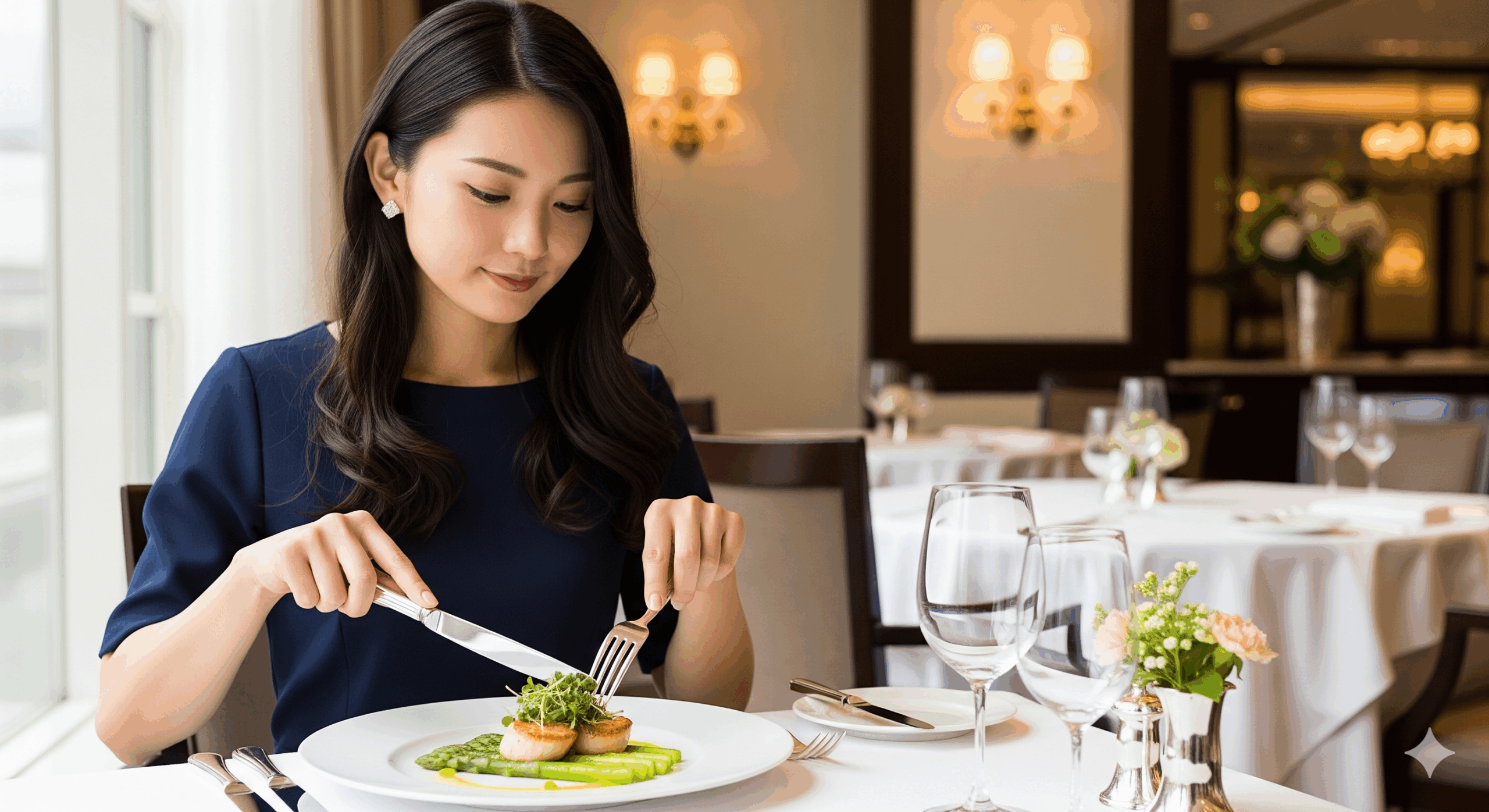 エレガントなレストランで、30代の日本人女性が正しいテーブルマナーで食事をしている様子