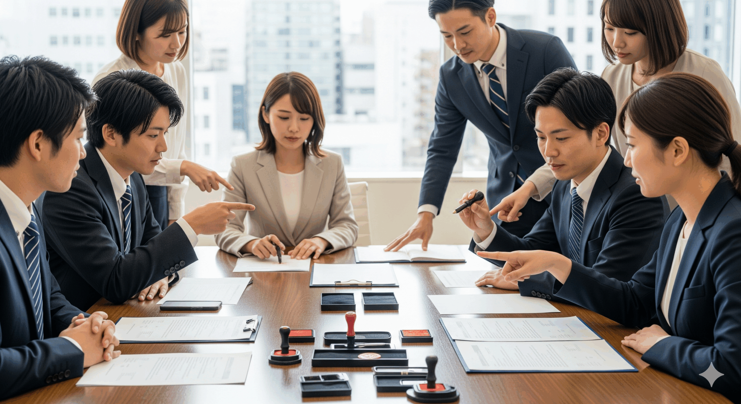 会議室で複数の日本人ビジネスパーソンが書類を確認している場面