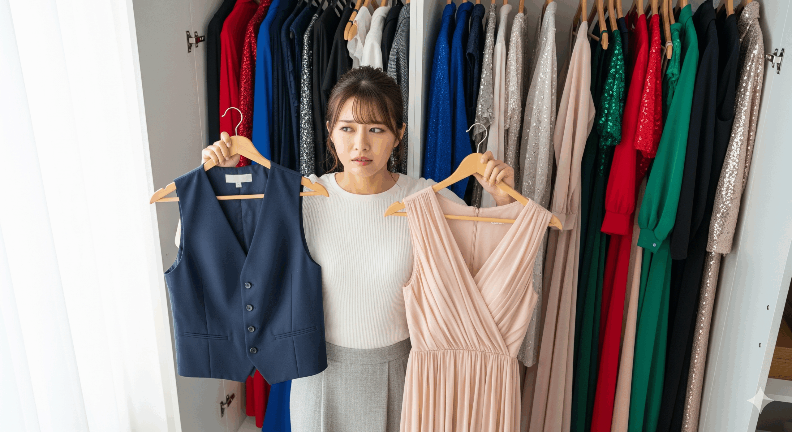 困惑した表情を浮かべる20代日本人女性が、クローゼットの前でジレやドレスなどの服装を選んでいる様子