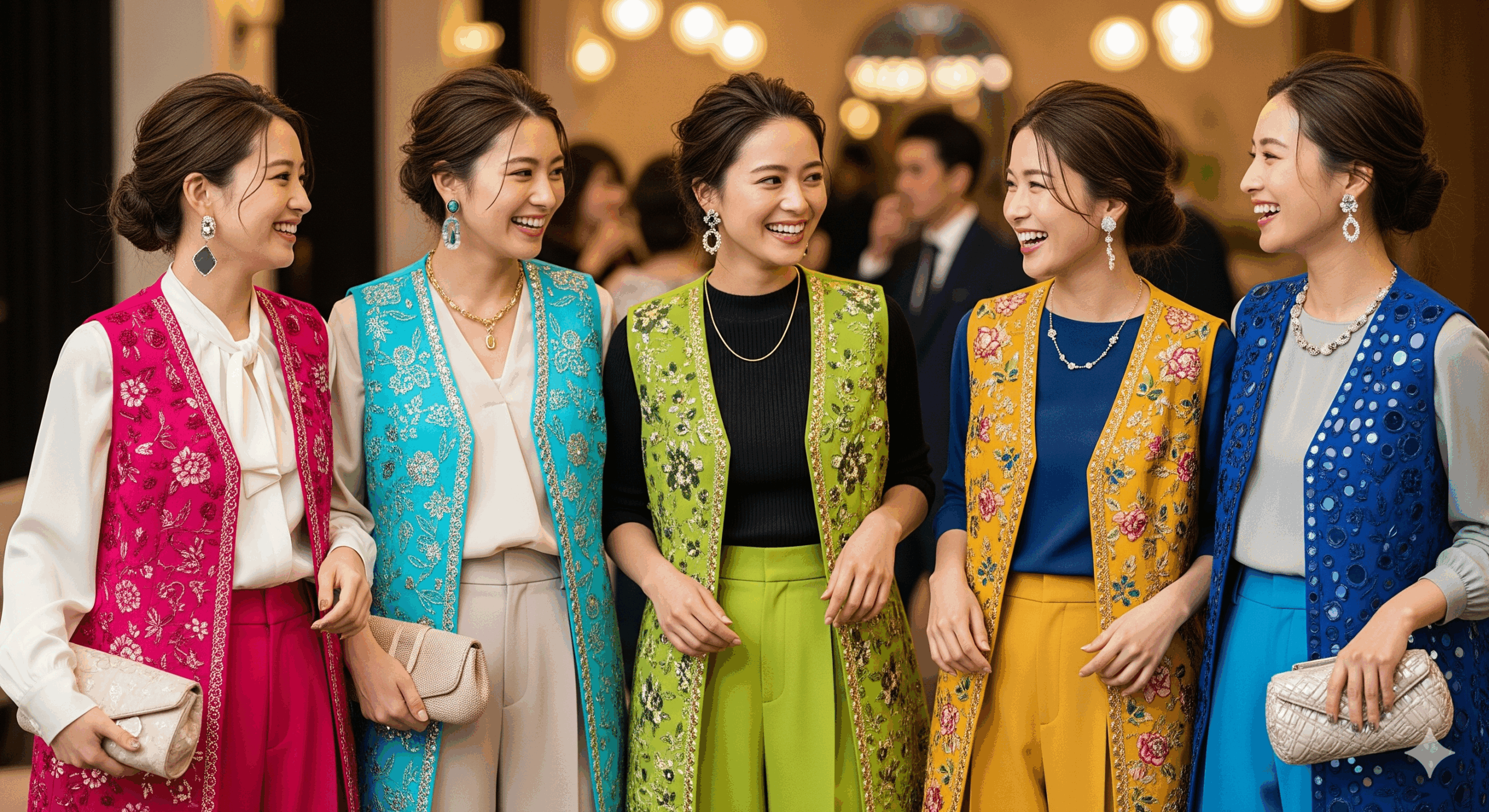 結婚式の二次会会場で、華やかなジレスタイルを着た20代日本人女性たちが楽しそうに会話している様子