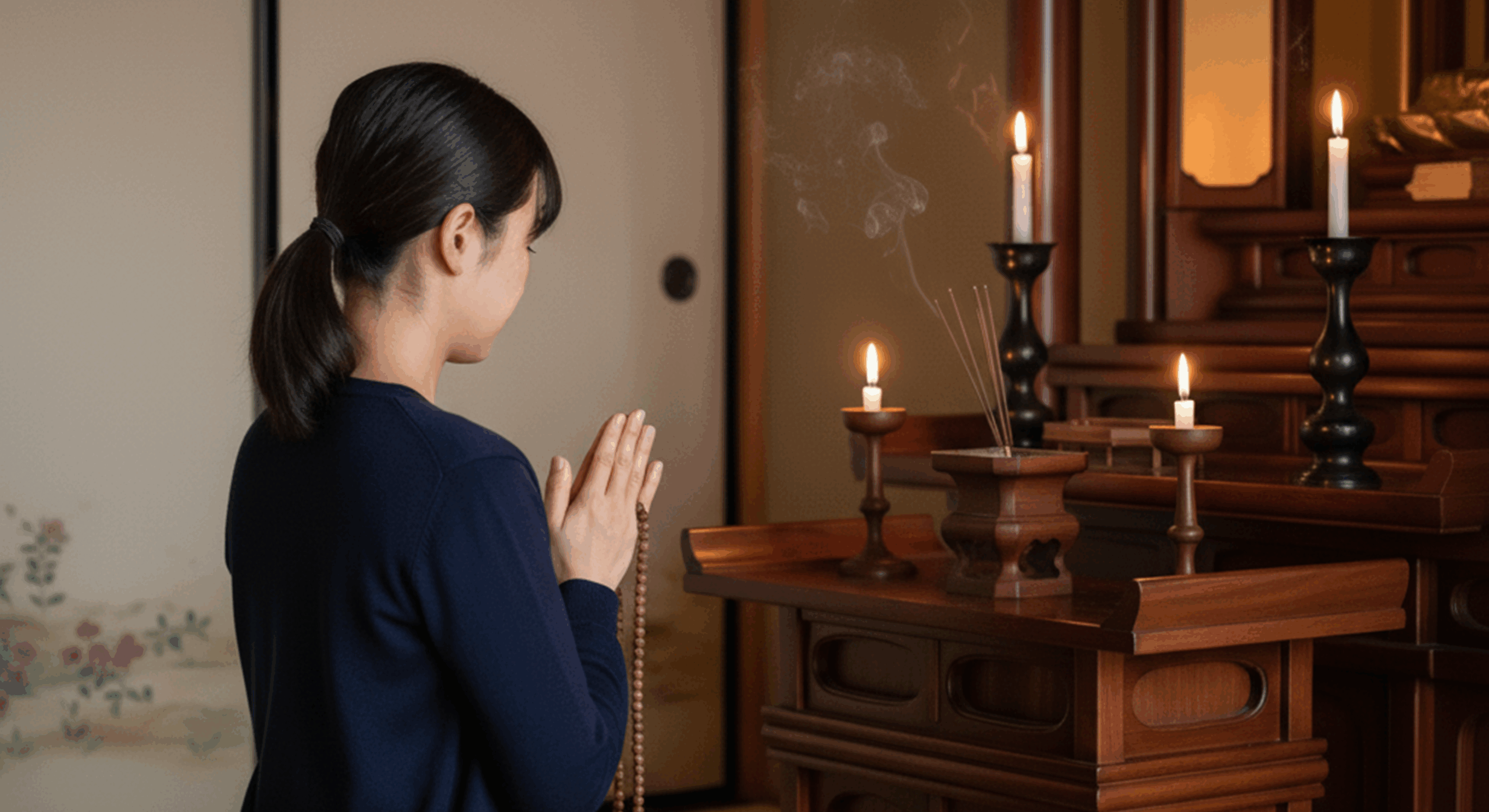 仏壇の前で数珠を使ってお参りをする日本人女性の後ろ姿。落ち着いた色合いの数珠を手にして合掌している様子