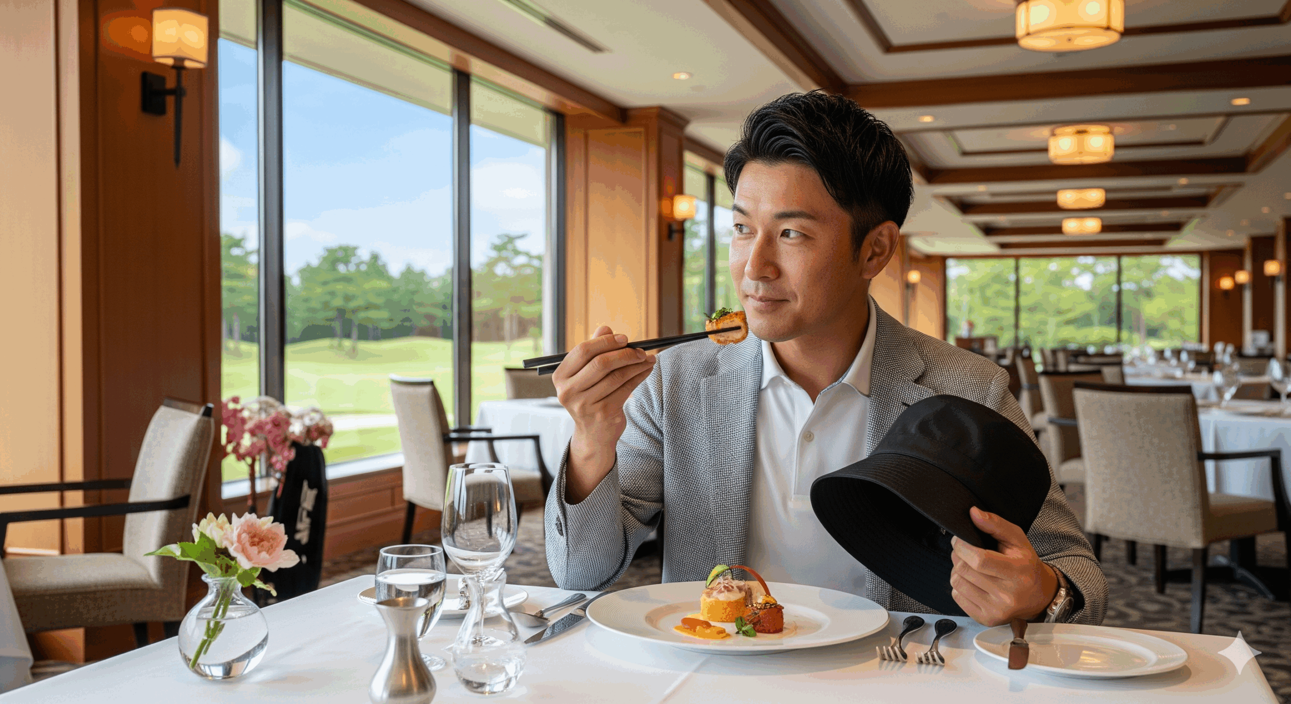 30代の日本人男性が上品なバケットハットを手に持ちながら食事をしている様子