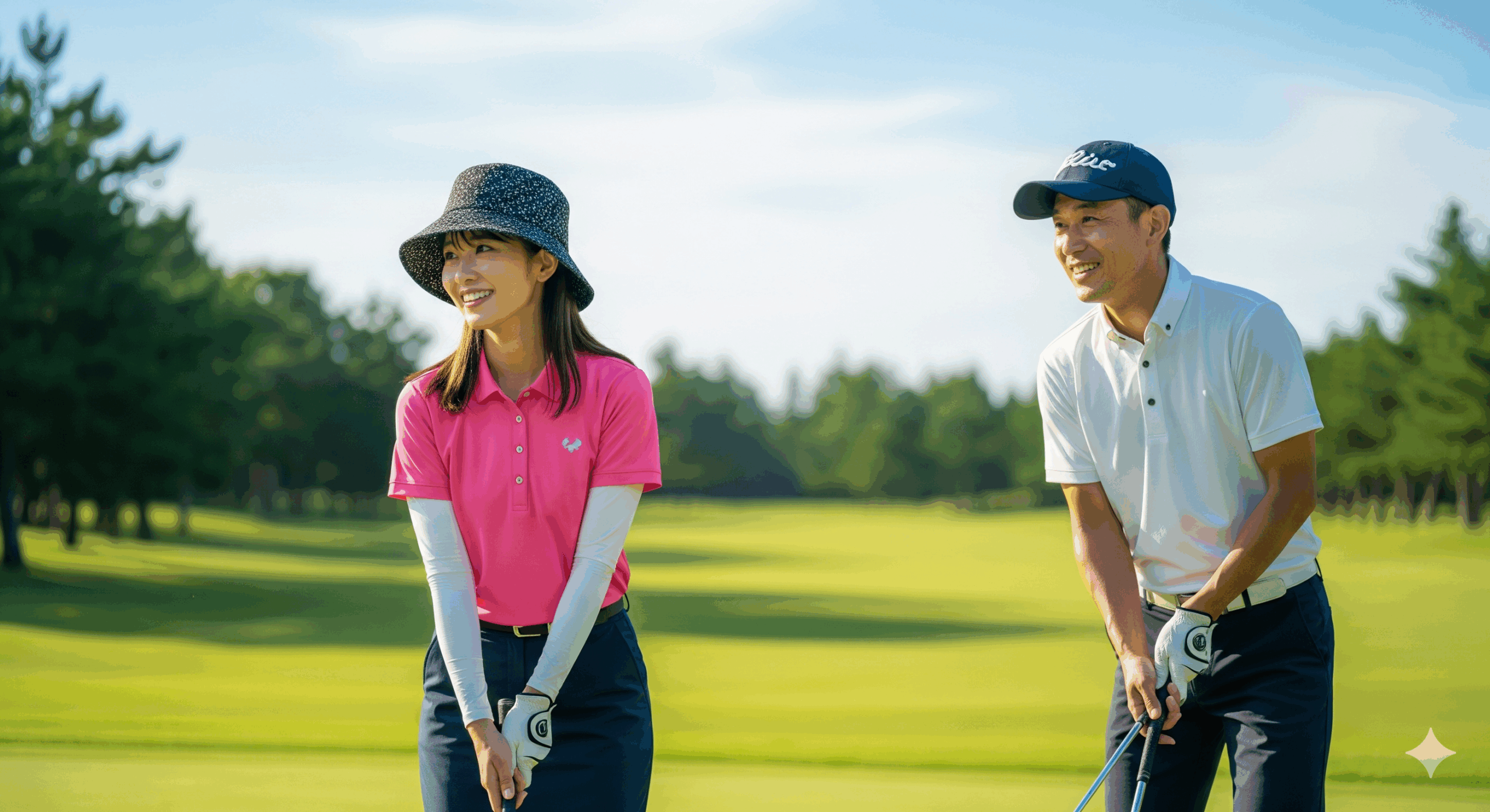 20代の日本人女性と30代の日本人男性がそれぞれバケットハットとキャップを着用してプレーしている様子