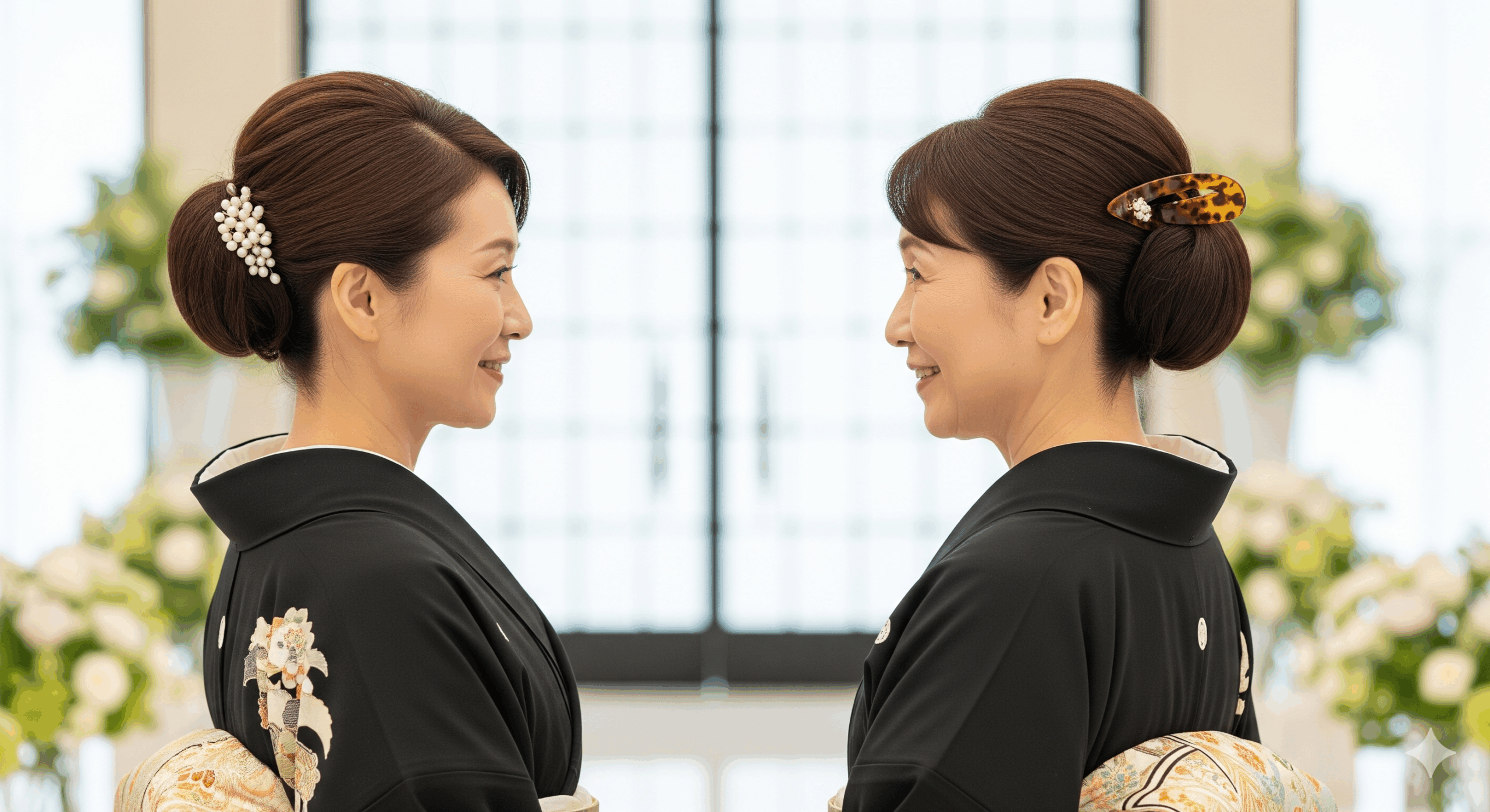 結婚式会場で黒留袖を着た50代と60代の日本人女性が並んで立っている様子