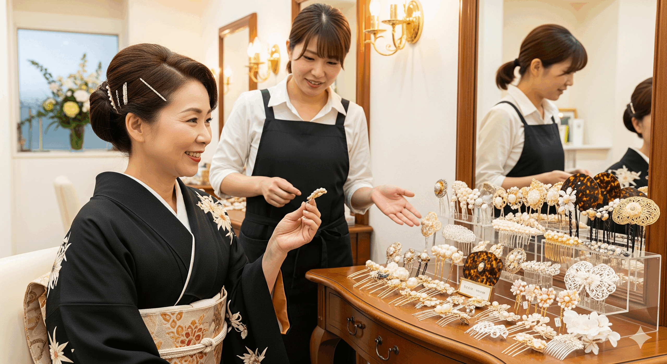 美容院で黒留袖を着た60代の日本人女性が美容師と一緒にかんざしを選んでいる場面