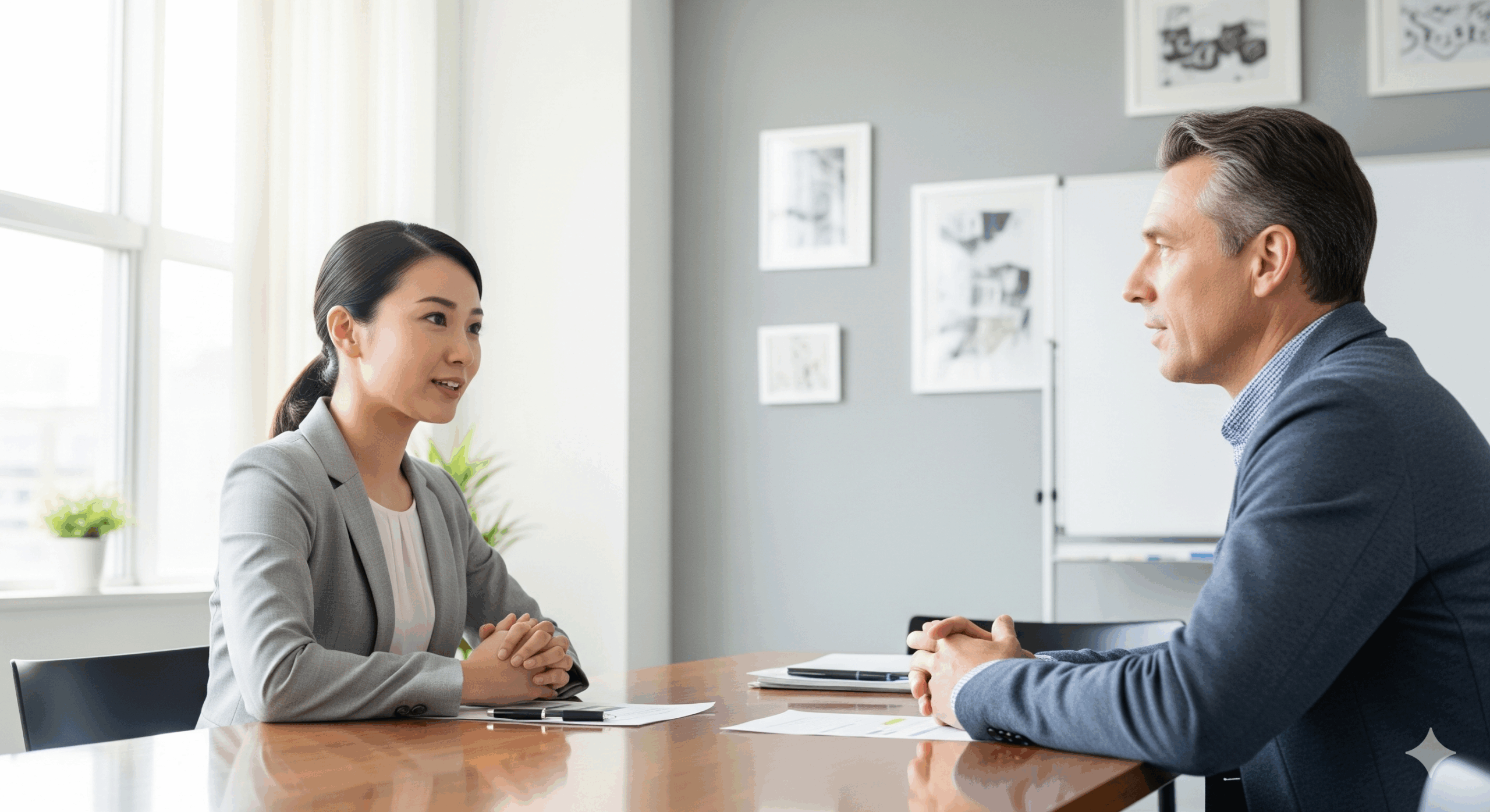 æãããªãã£ã¹ã®äŒè°å®€ã§ã30ä»£ã®æ¥æ¬äººå¥³æ§ããŒãåŸæ¥å¡ãäžåžãšåããåã£ãŠåº§ããçå£ã«è©±ãåããããŠããå Ž