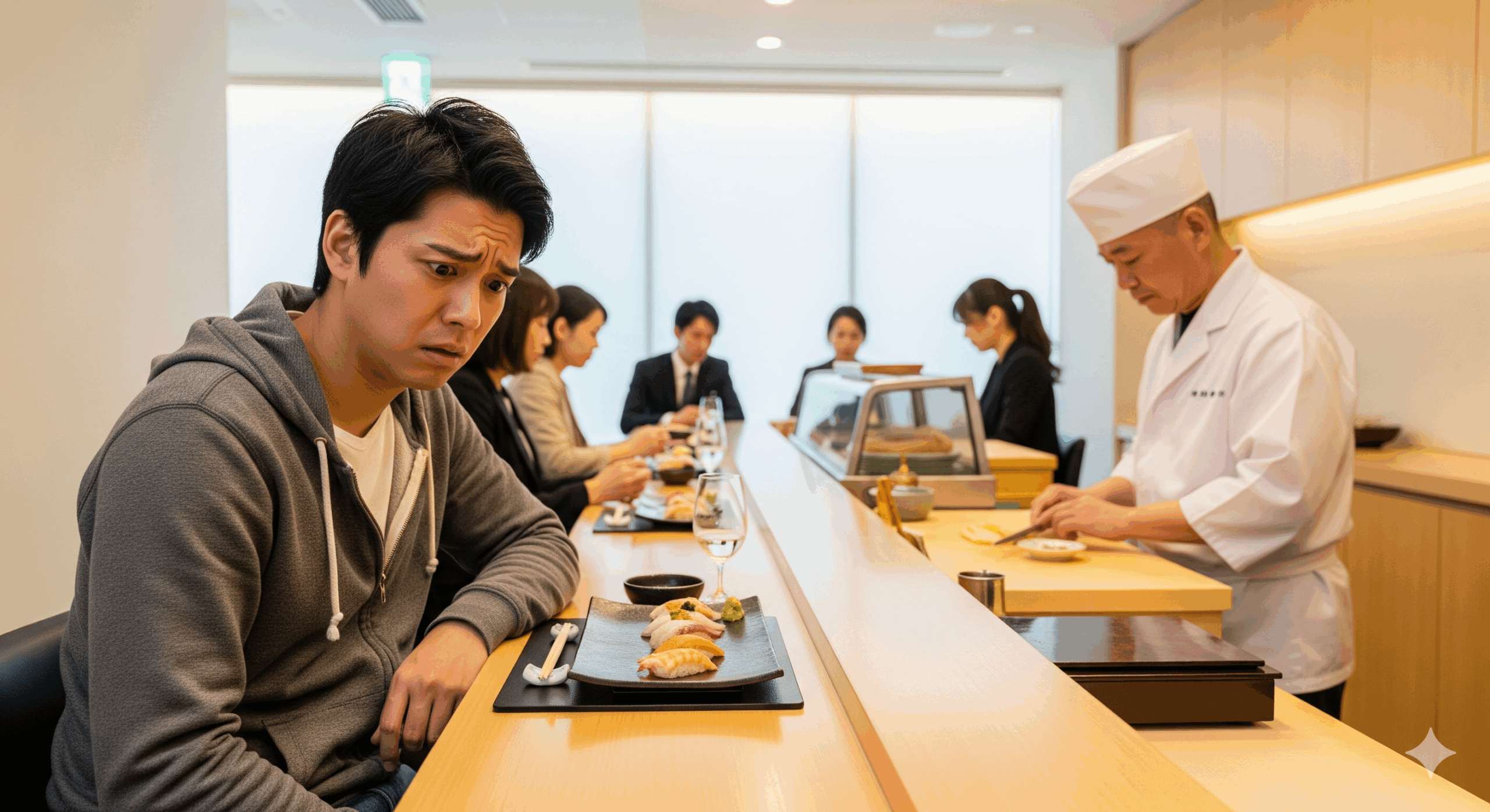 20代の日本人男性が困った表情で寿司を前に戸惑っている様子