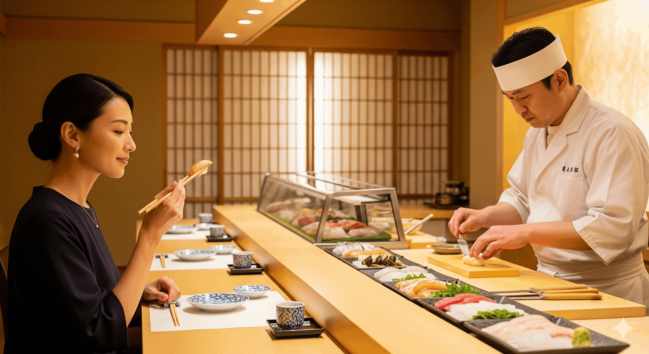 30代の日本人女性が上品な服装で寿司を美しく食べている様子