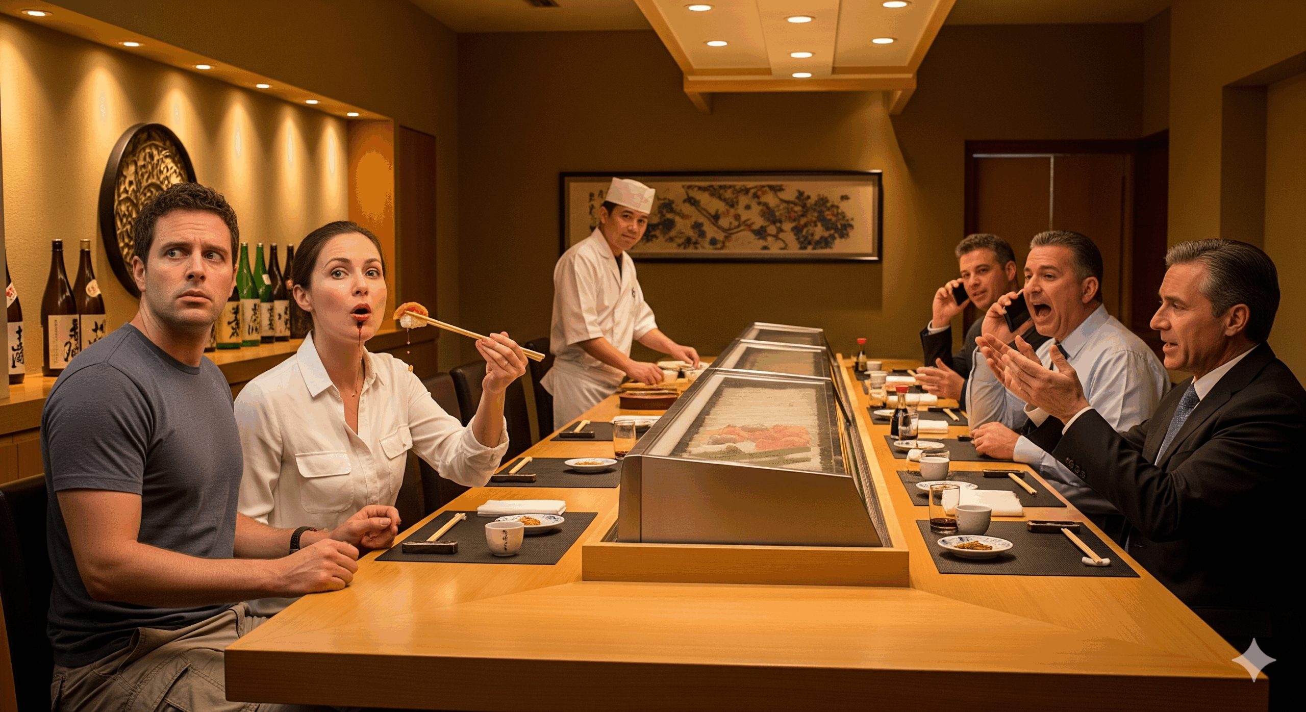 高級寿司店で失敗している人たちの様子