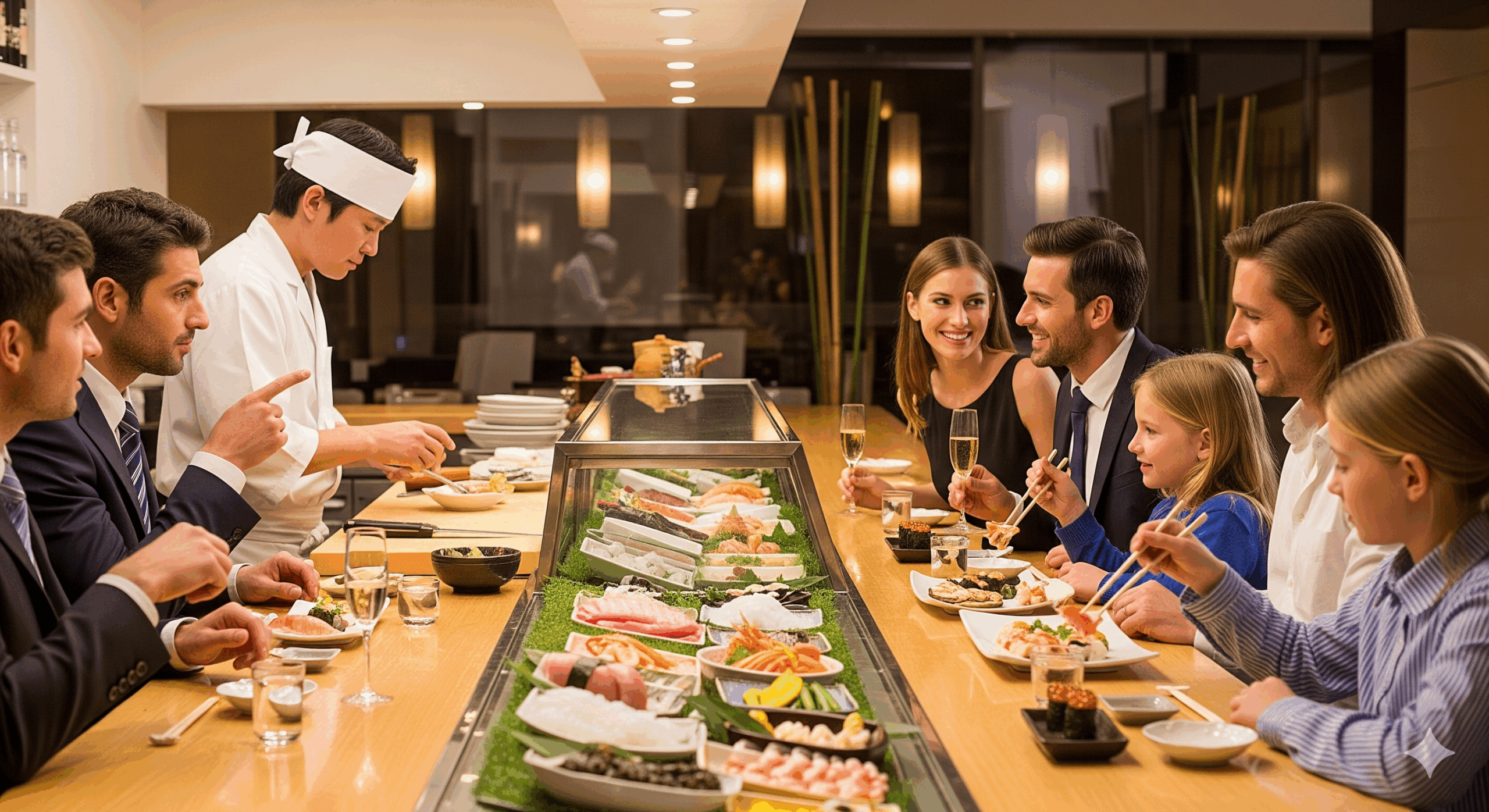 ビジネス接待でスーツを着た男性たち、デートで上品な服装の若いカップル、家族での食事会の様子を一つの画像に収めた構成