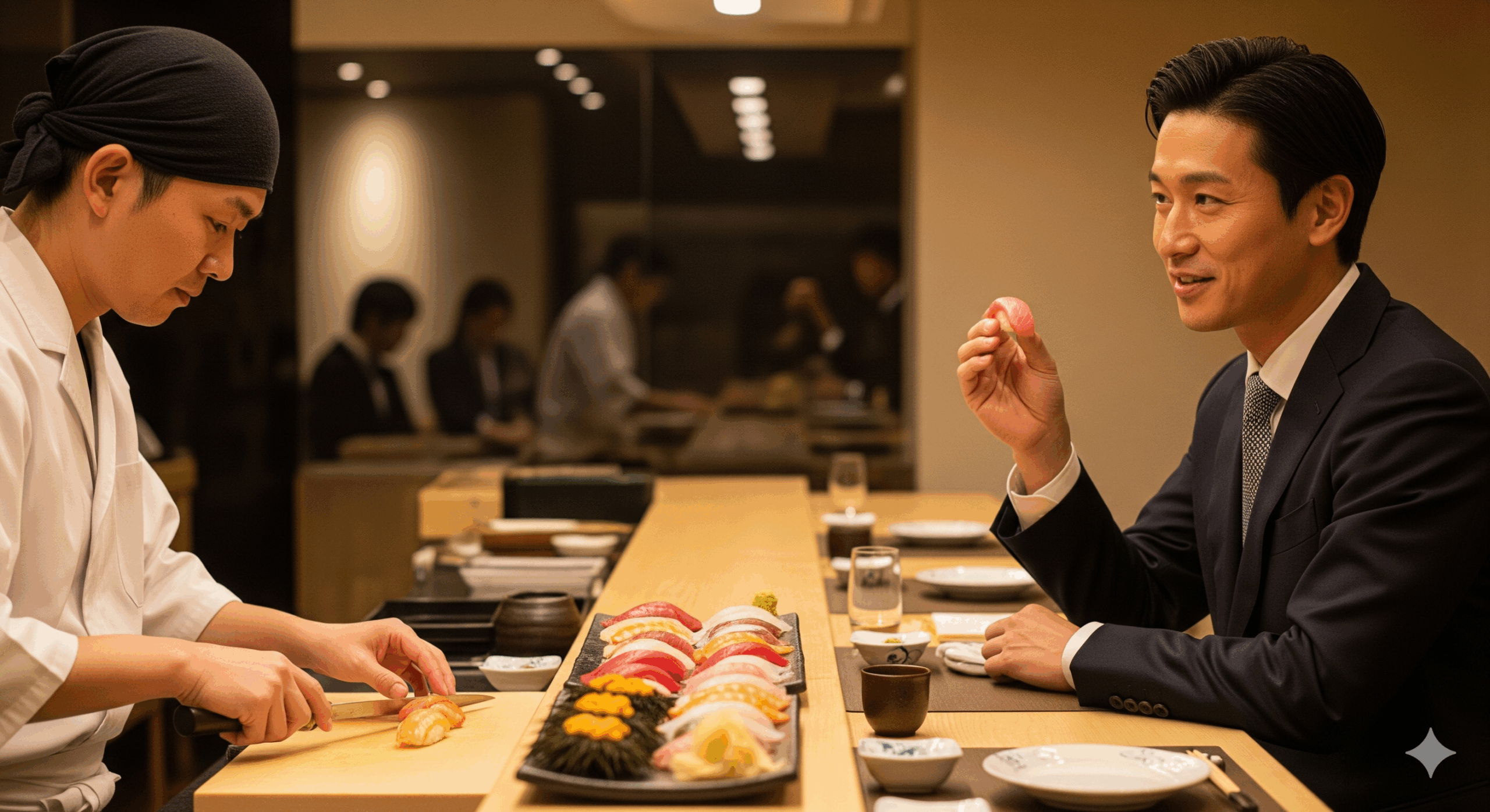 高級寿司店のカウンター席で、30代の日本人男性が職人と会話しながら寿司を楽しんでいる様子