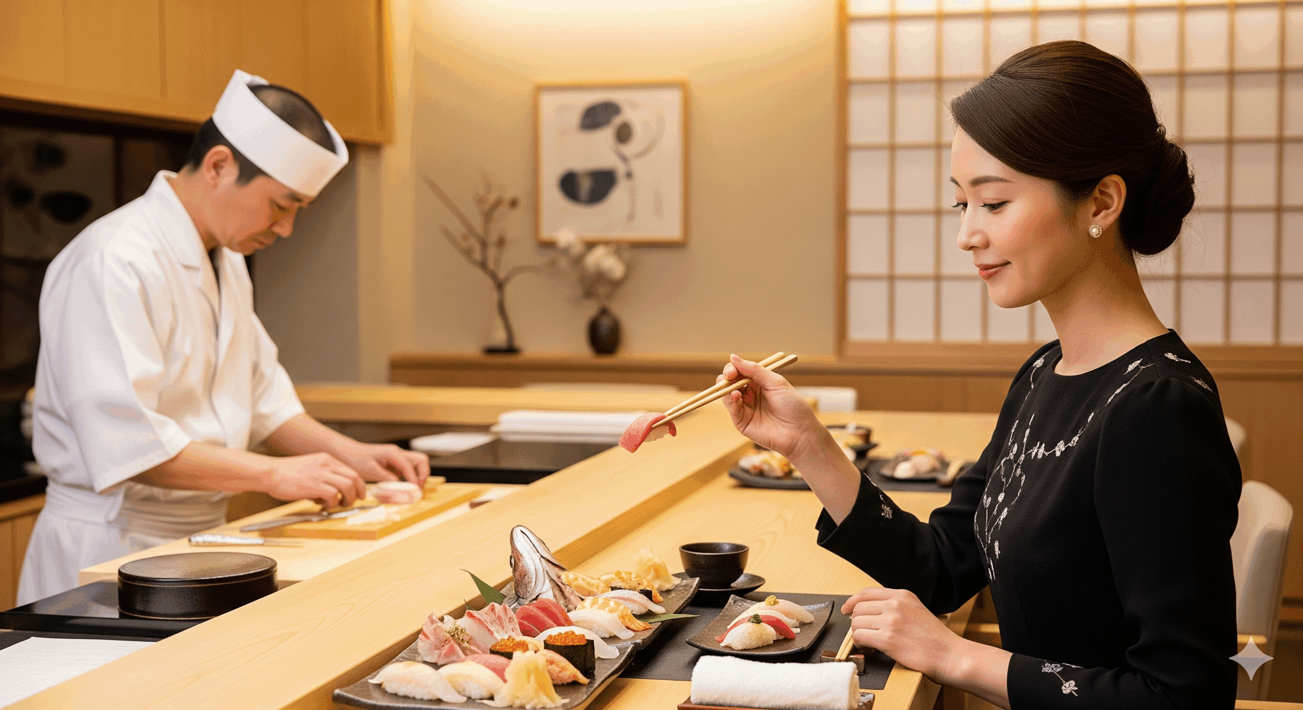 30代の日本人女性が高級寿司店のカウンター席で、上品なワンピースを着て寿司を食べている様子