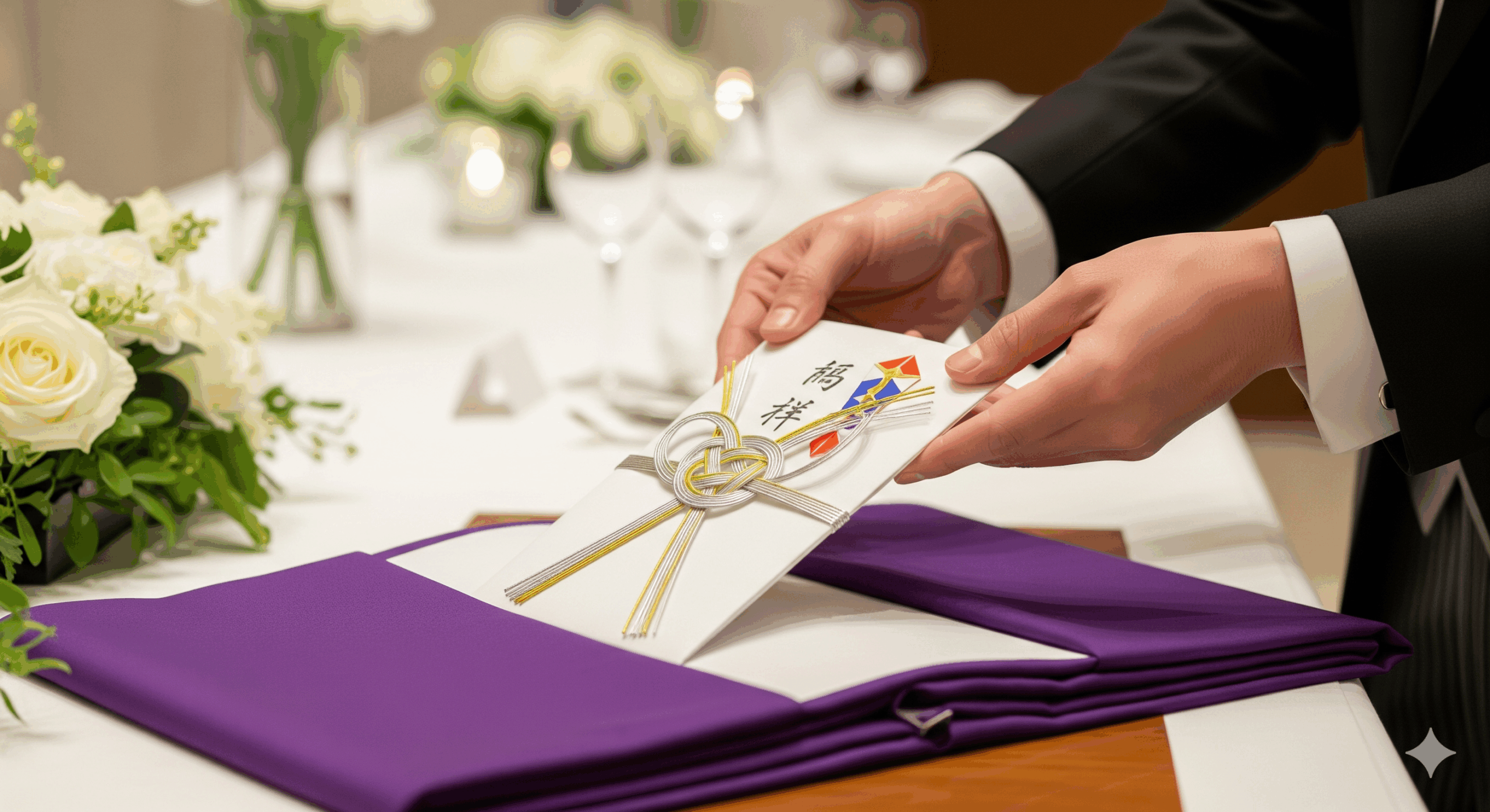 結婚式会場の受付で、袱紗から美しい白いご祝儀袋を取り出して丁寧に両手で差し出している30代の日本人男性ゲストの手元のクローズアップ