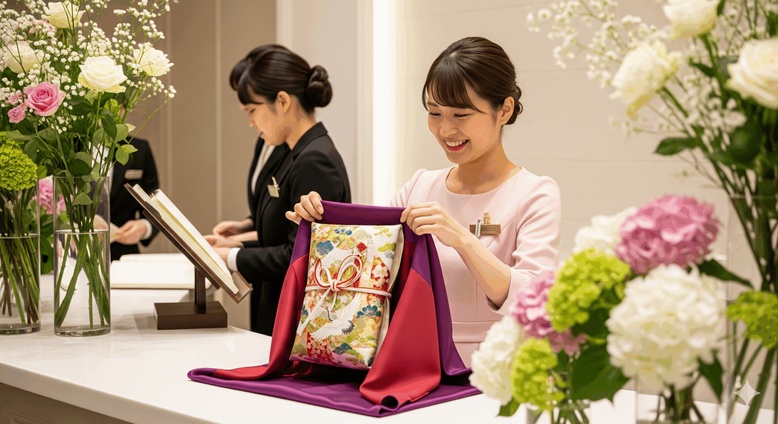 20代の日本人女性が袱紗から上品なご祝儀袋を取り出している様子