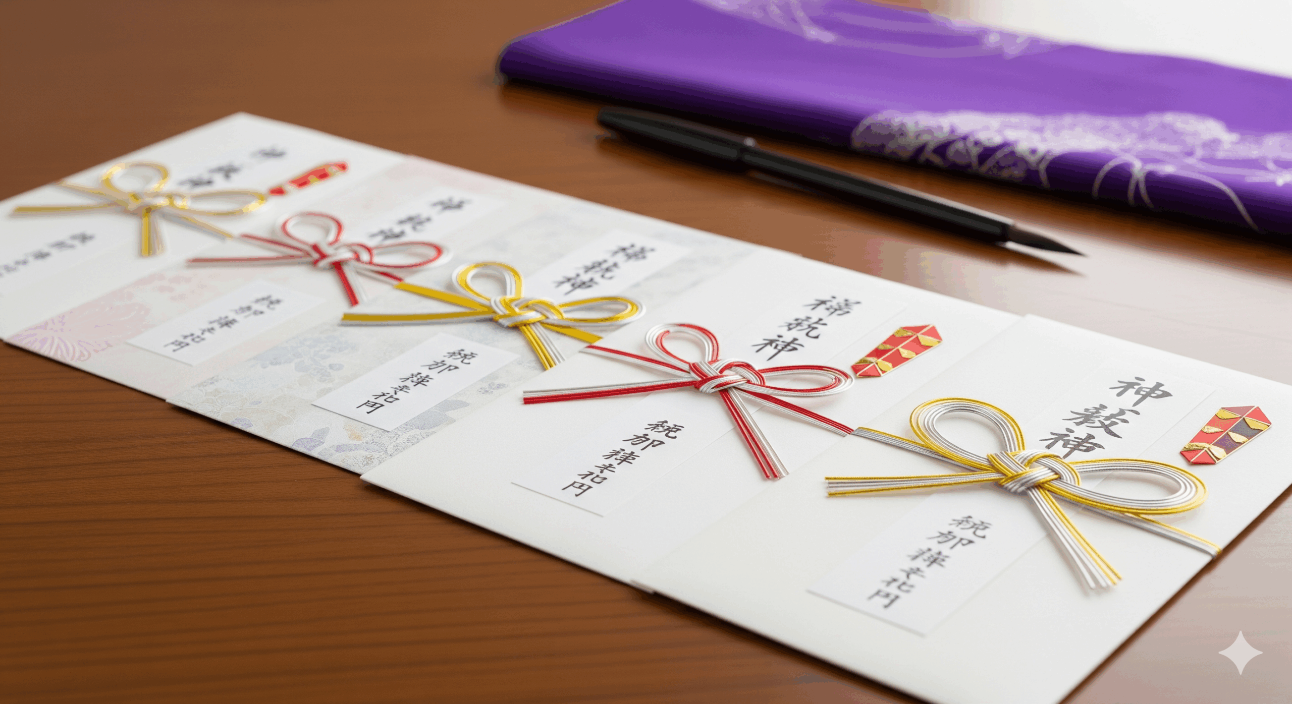 木製のテーブルの上に金額別に分類された様々なご祝儀袋が整然と並んでいる様子