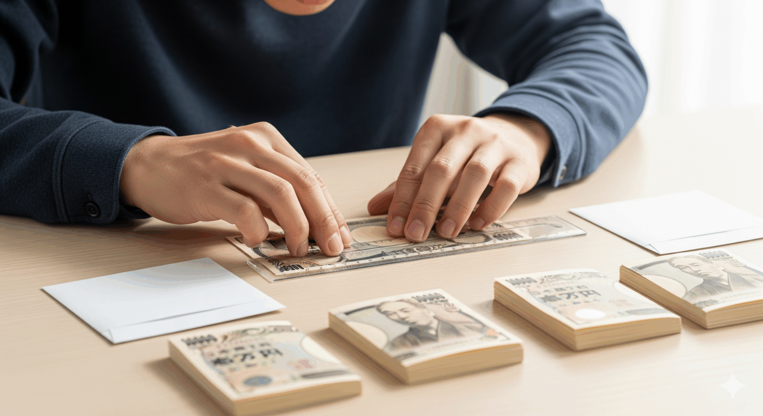 30代の日本人男性が清潔な机の上で、新札を丁寧に三つ折りにしている手元のクローズアップ