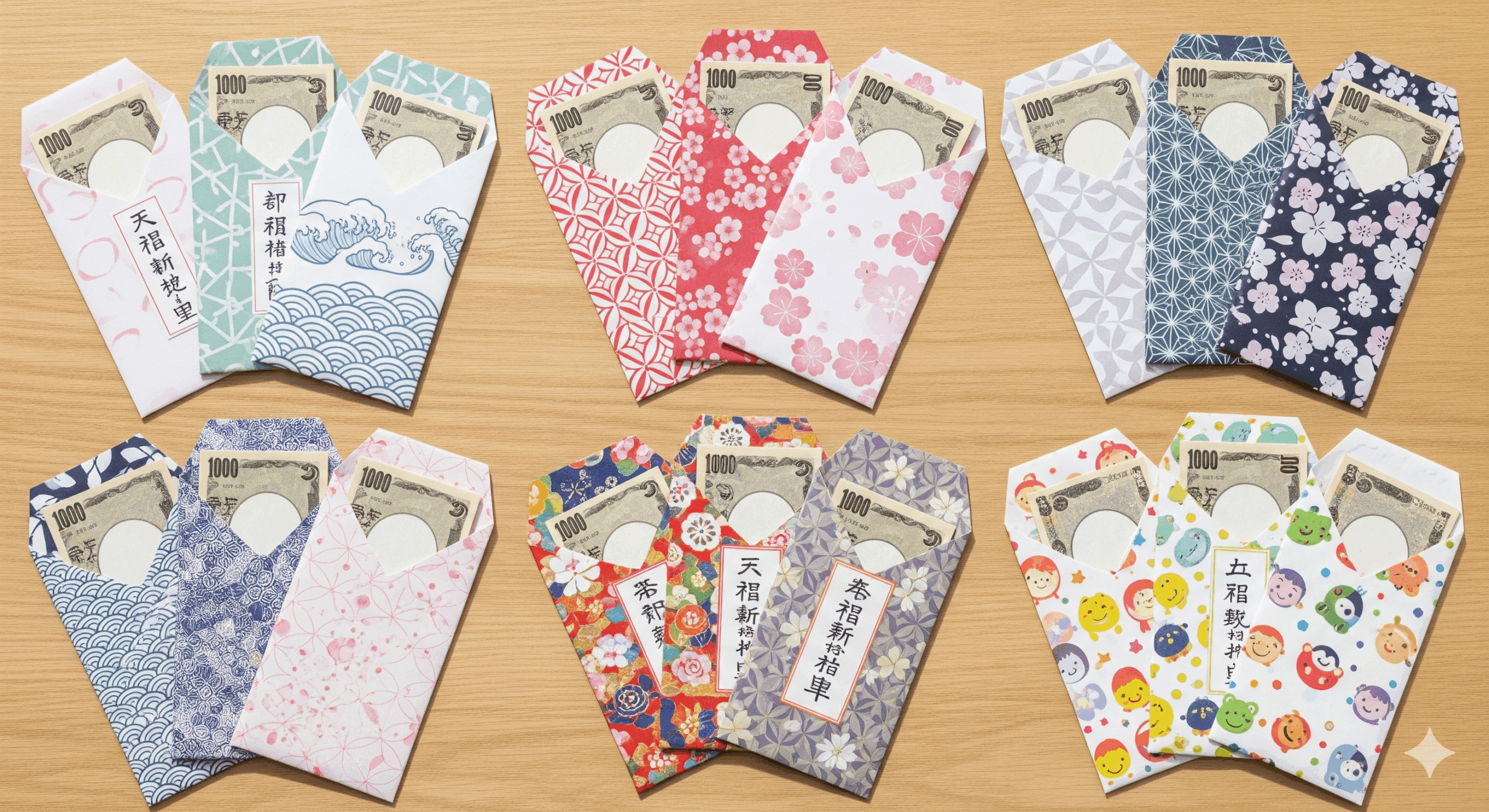 様々な種類のポチ袋(伝統的な和柄、モダンなデザイン、子ども向けのかわいい柄)が並んでおり、それぞれに適切に三つ折りされたお札が入っている様子