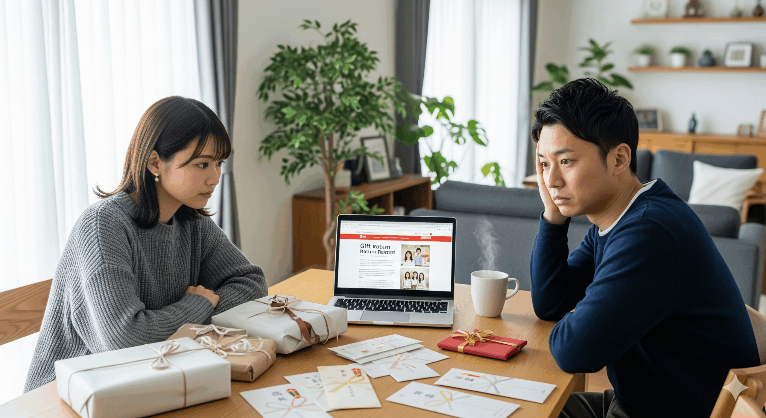 テーブルの上に広げられた結婚祝いのギフトやお祝い袋を前にして、お返しについて相談している様子