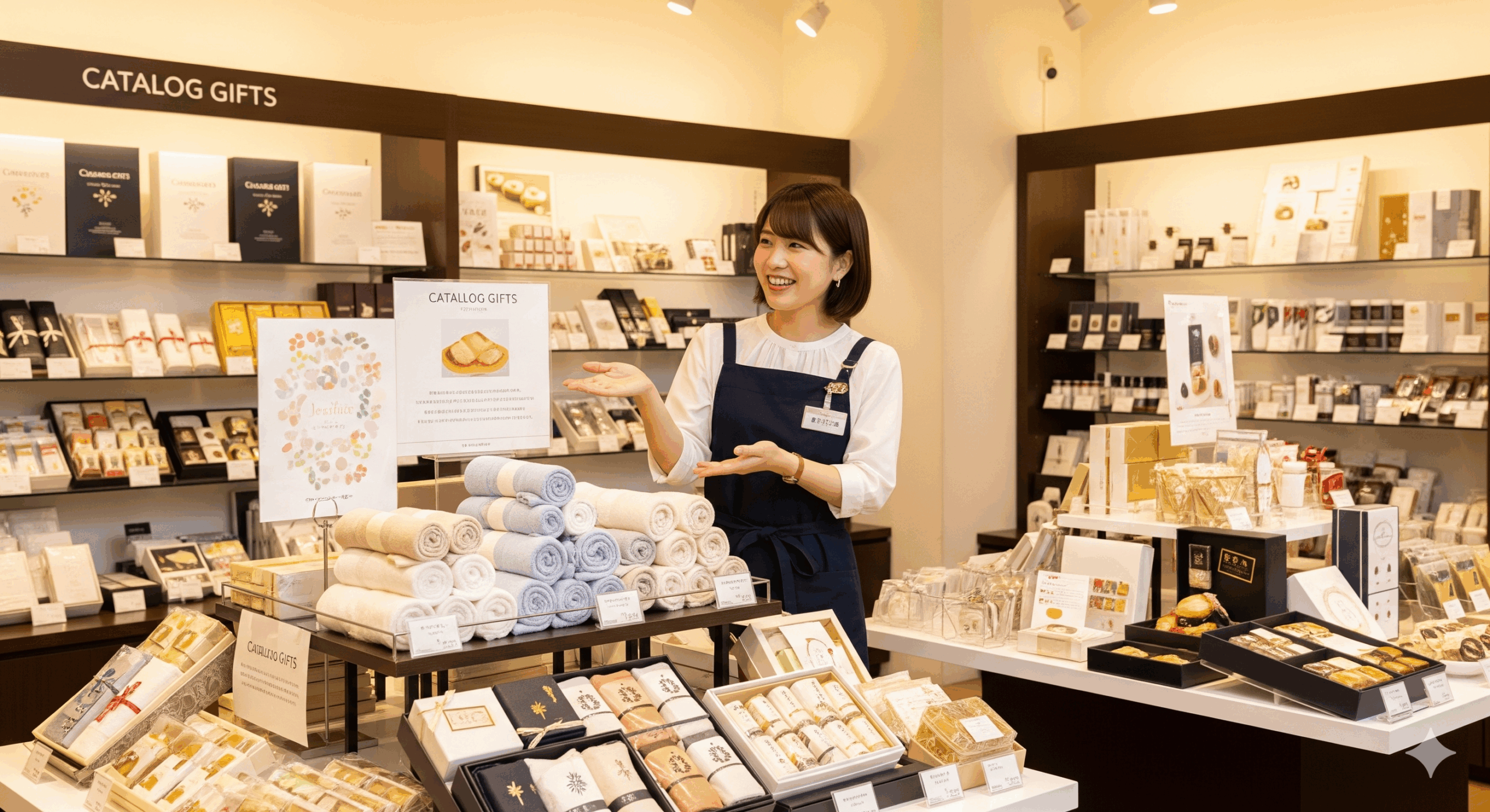 明るいギフトショップの店内。カタログギフト、タオルセット、食品ギフトなどが整然と並び、20代の日本人女性店員が笑顔で商品を説明している温かい雰囲気の場面