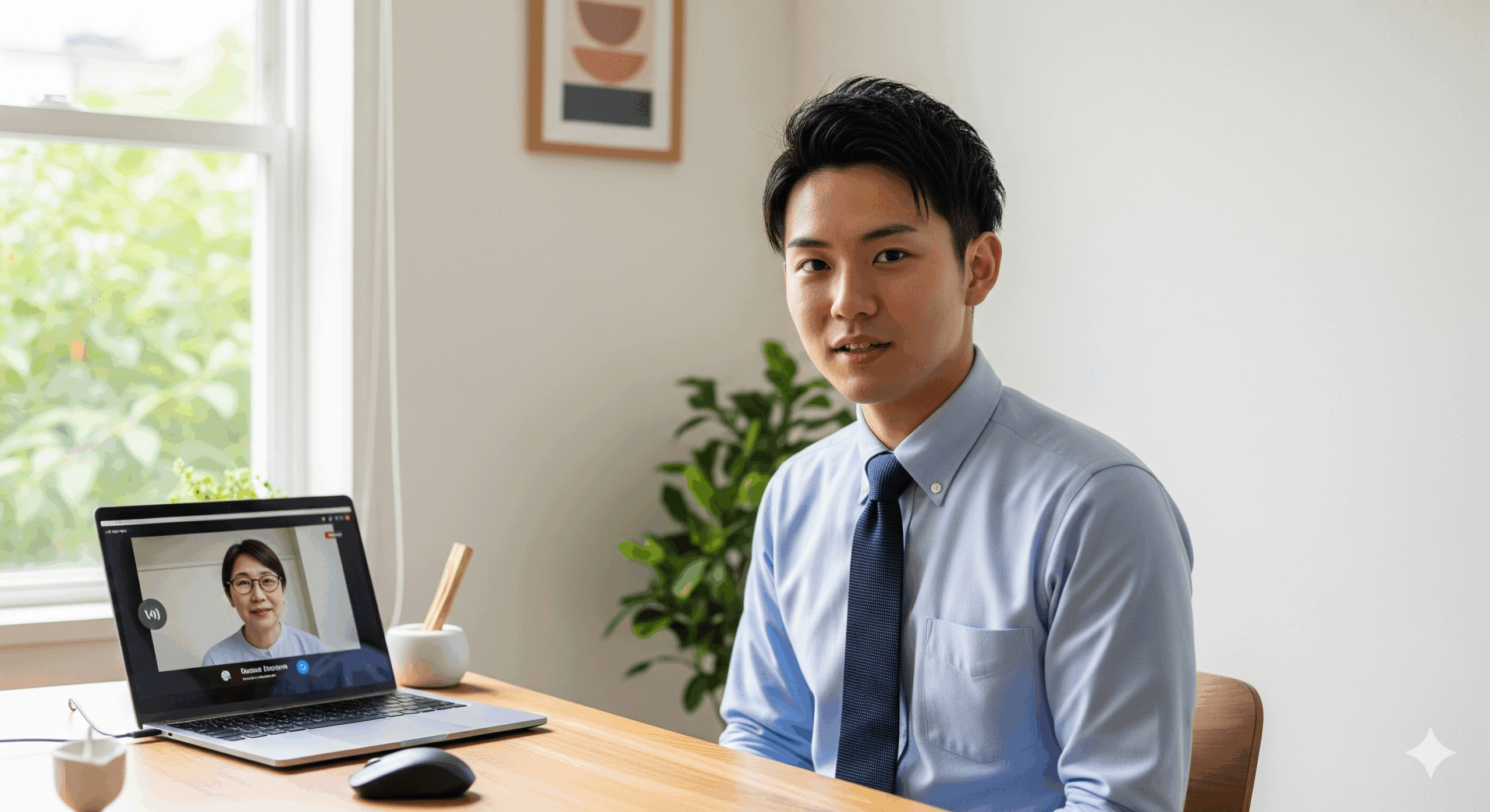 20代の日本人男性がパソコンの前でZoom面接を受けている様子。画面には面接官が映っており、応募者は適切な服装とカメラアングルで面接に臨んでいる。背景は整理整頓された部屋で、明るい自然光が差し込む清潔感のある環境